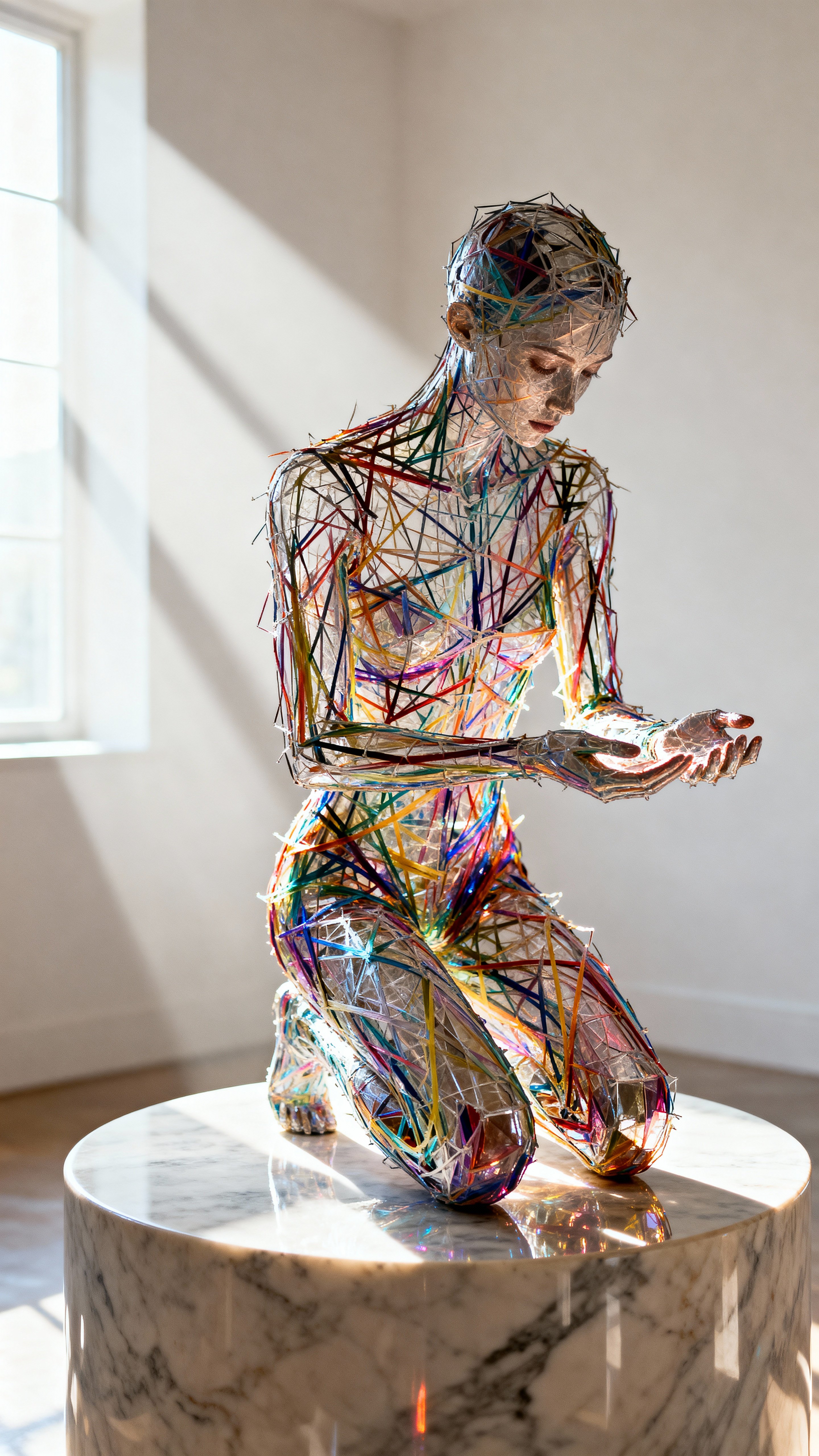 Hyper-detailed macro close-up of a humanoid figure kneeling on a marble pedestal in a brightly lit, minimal room. Natural daylight pours through a nearby window; sunrays create soft highlights and gentle shadows across the scene. The figure