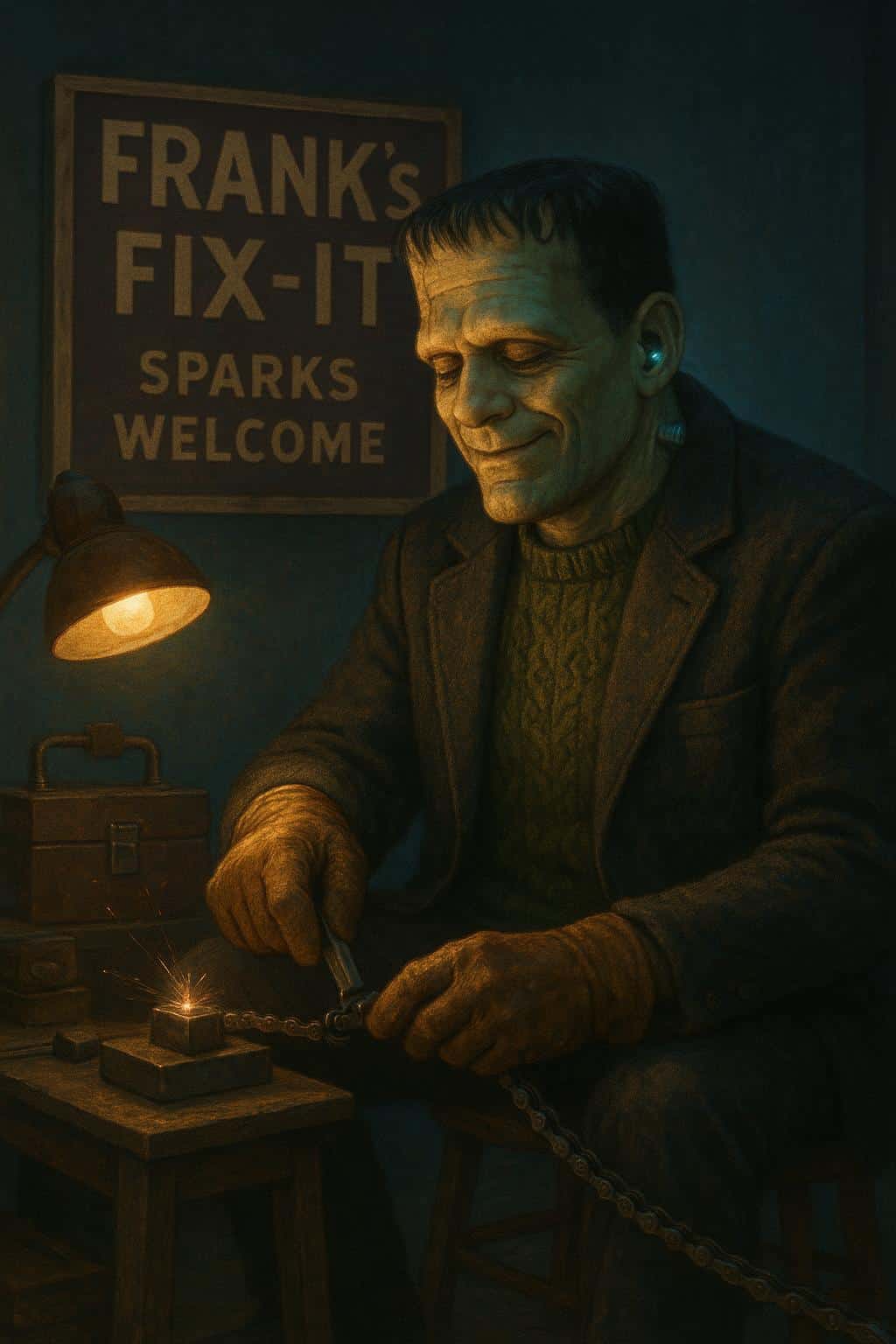 Friendly Frankenstein’s monster in a cable-knit sweater and patched blazer tightens a bicycle chain inside a neighborhood repair garage under warm lamp light and cool night spill, with a signboard reading “FRANK’S FIX-IT — SPARKS WELCOME” a