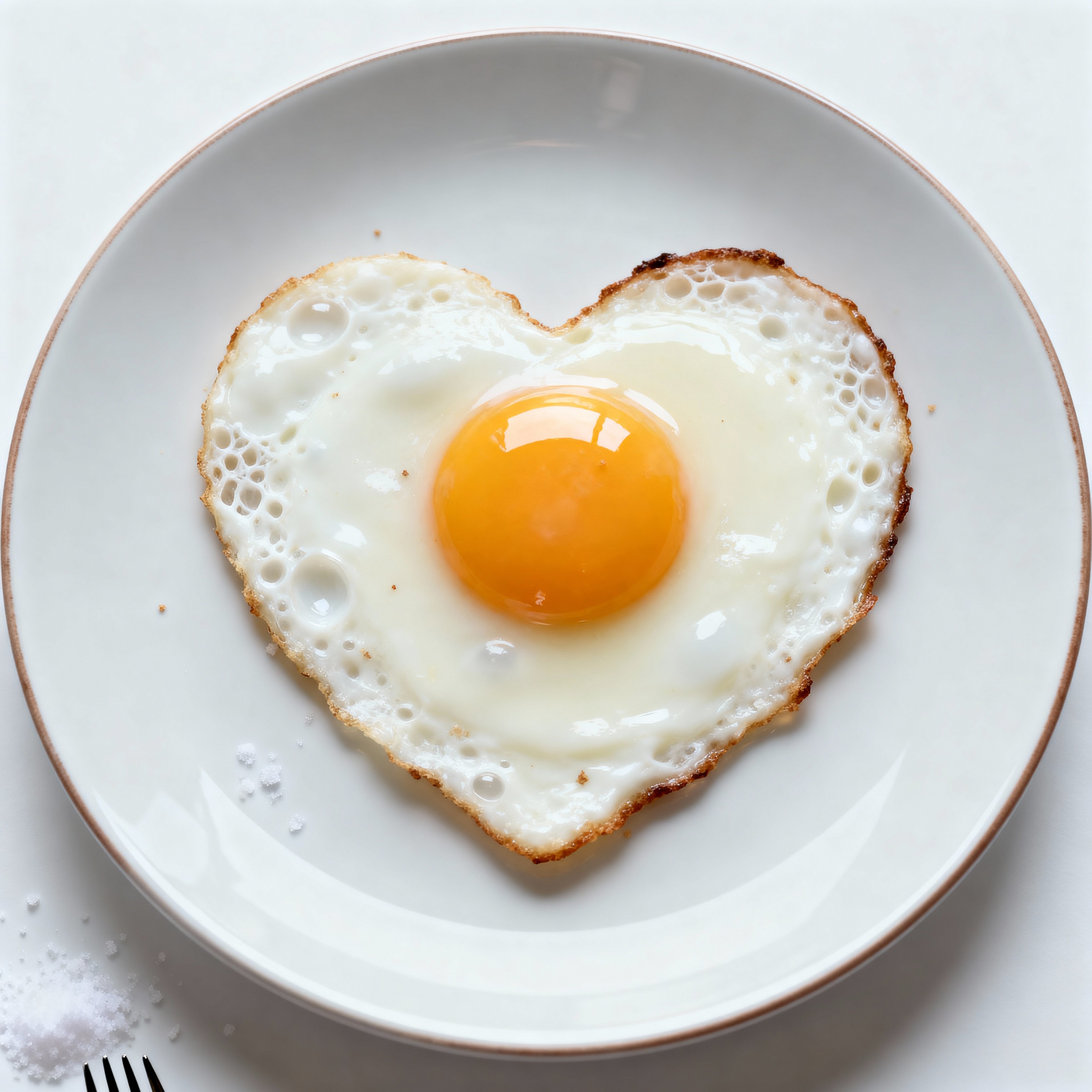 A captivating overhead flatlay of a fried egg with a heart-shaped yolk centered on a pristine white plate against a seamless white background for editorial or menu art.