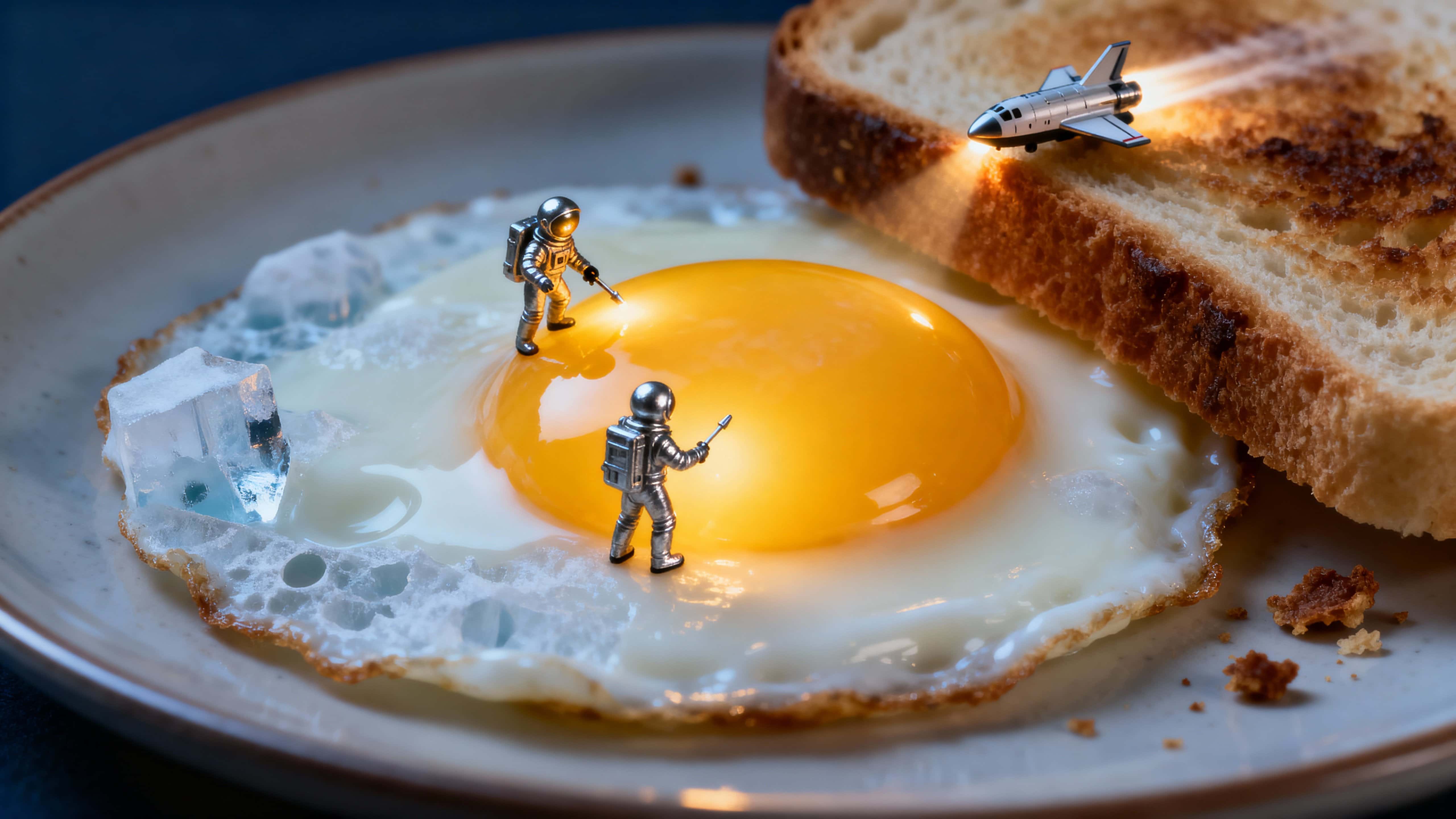 A surreal diorama where a fried egg reads as a glowing planet and a slice of toast serves as a landing platform while tiny astronauts explore and a micro-shuttle lifts off from the plate edge.
