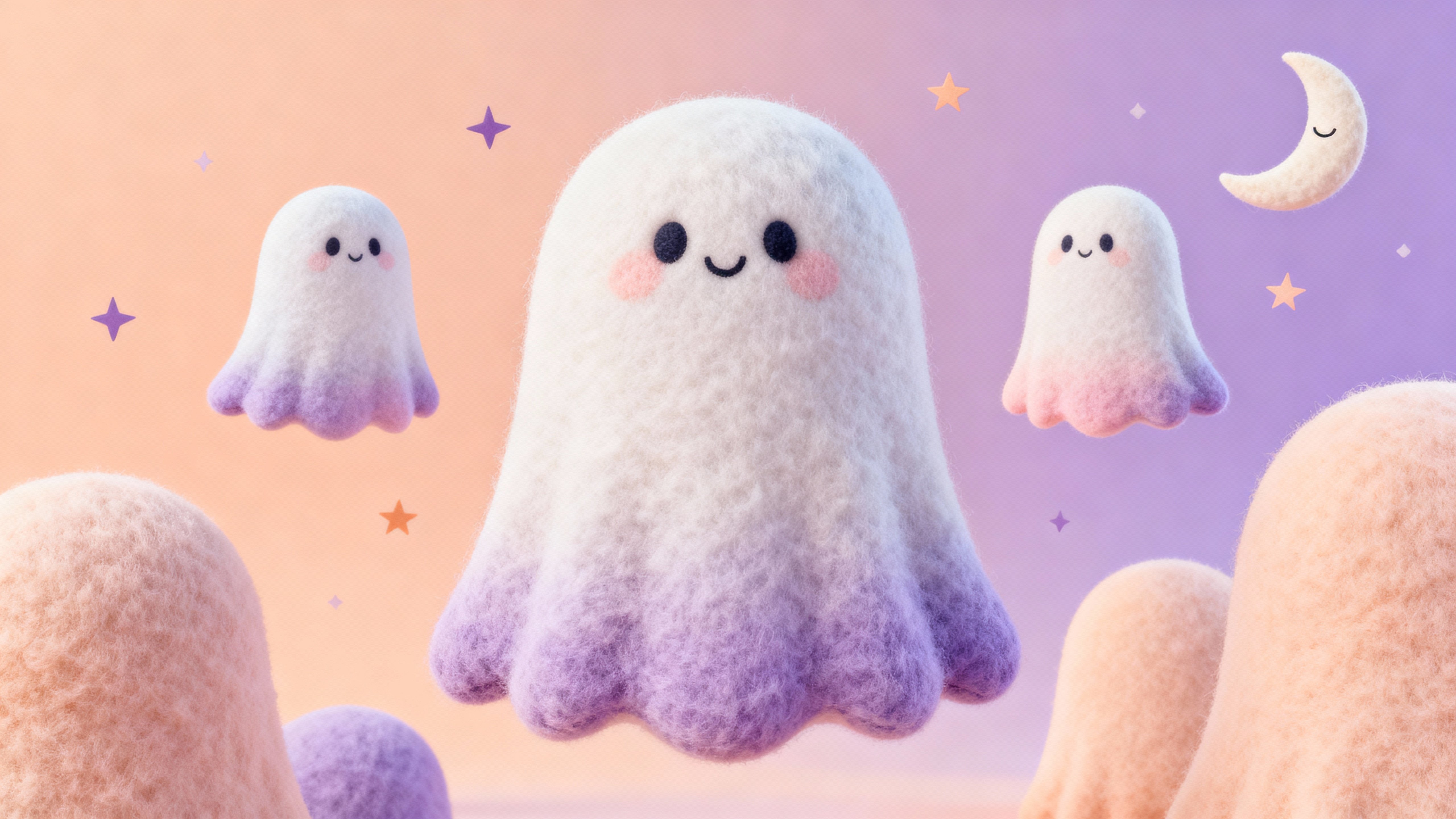 Rounded plush ghosts float in a cute, not-creepy scene of peach (#FAD6C5), lavender (#DCC6FF), mint (#CFFFE0), blush (#FFD6EA) and lemon (#FFF3B0); soft gradients, shallow depth, centered composition and clear top band for text.