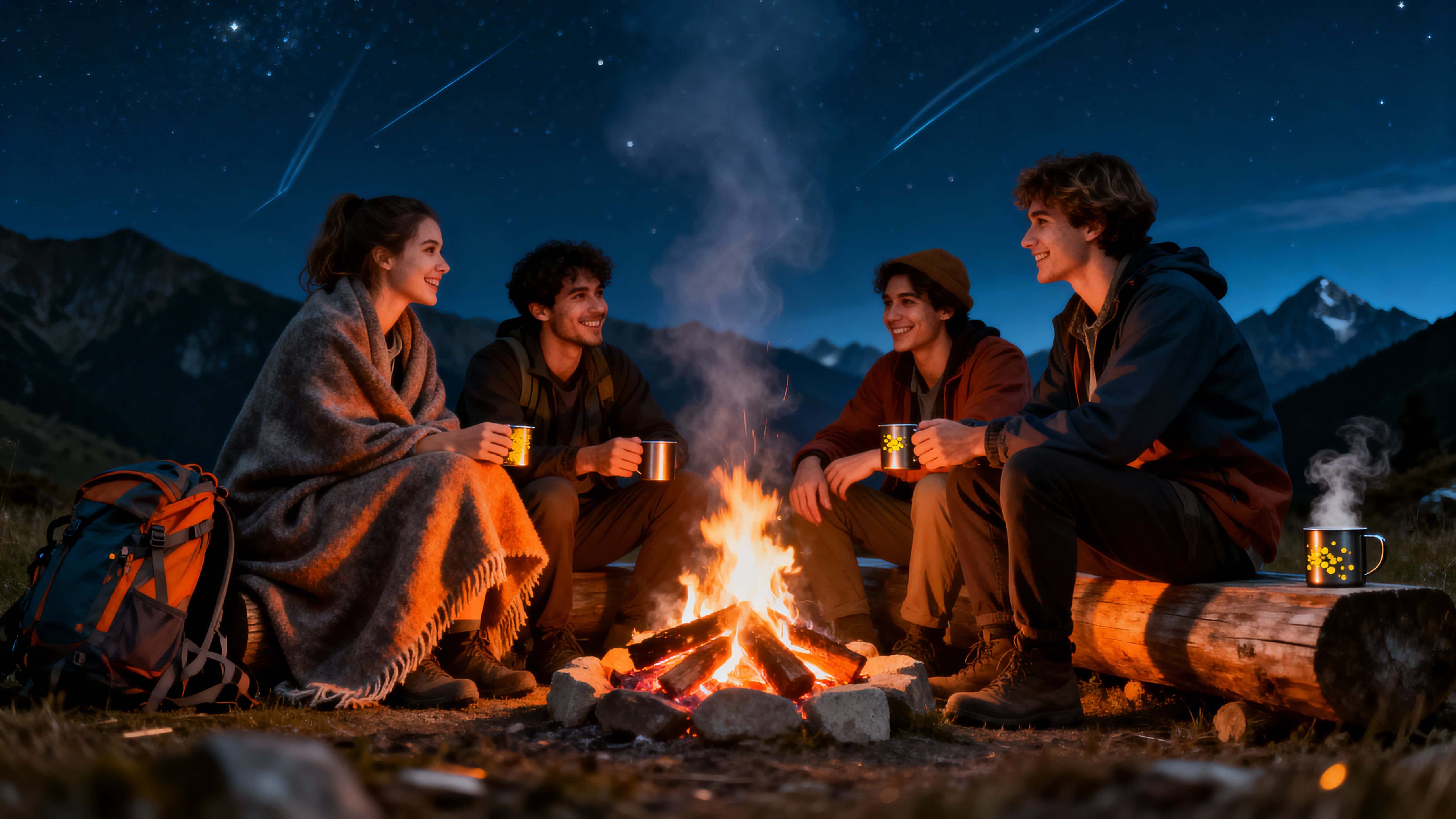 A group of friends sits around a glowing campfire in a mountain clearing beneath a vast starlit sky, warm orange embers against cool blue peaks convey cinematic travel and quiet camaraderie.