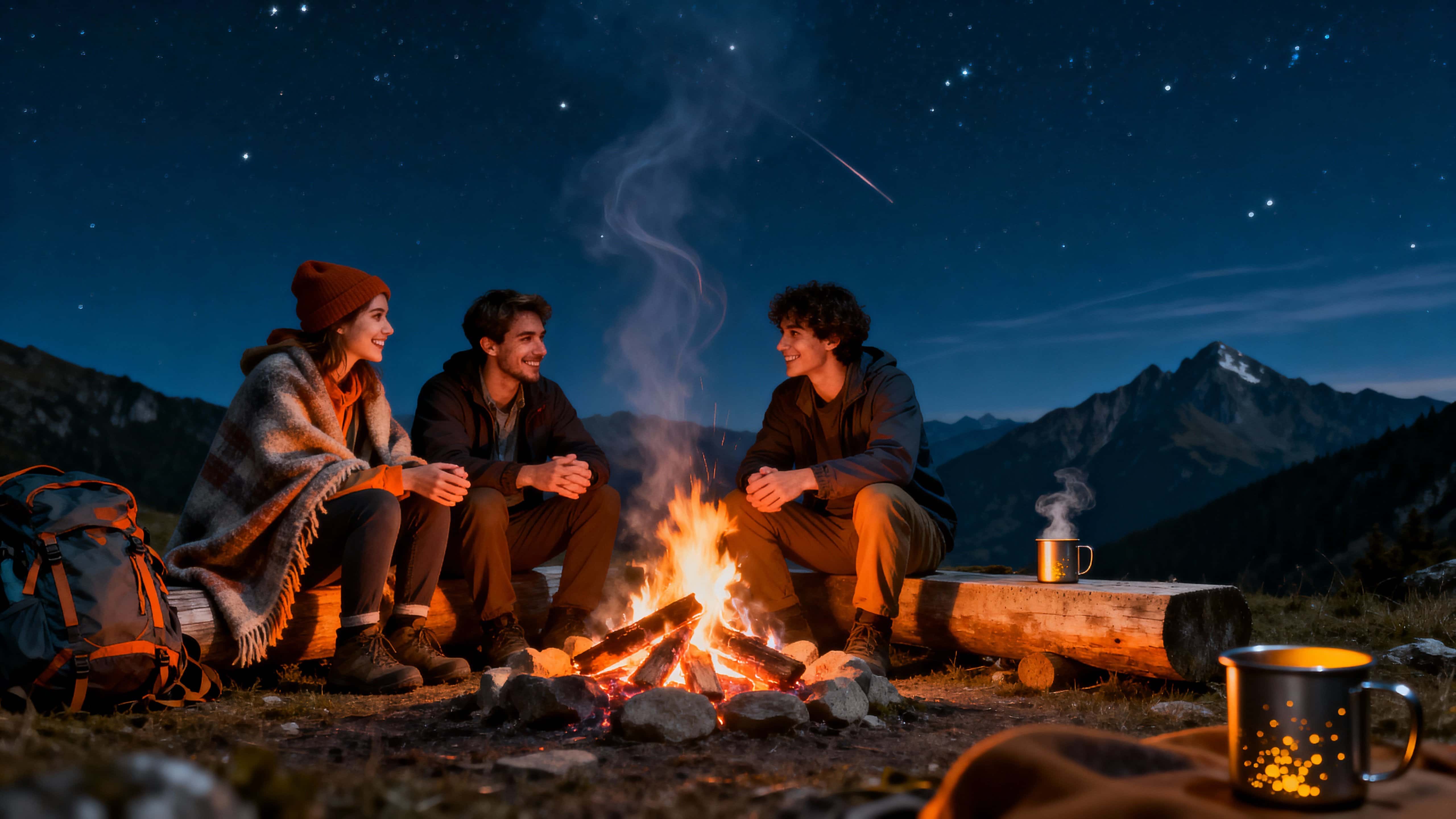 A group of friends sits around a glowing campfire in a mountain clearing beneath a vast starlit sky, warm orange embers against cool blue peaks convey cinematic travel and quiet camaraderie.