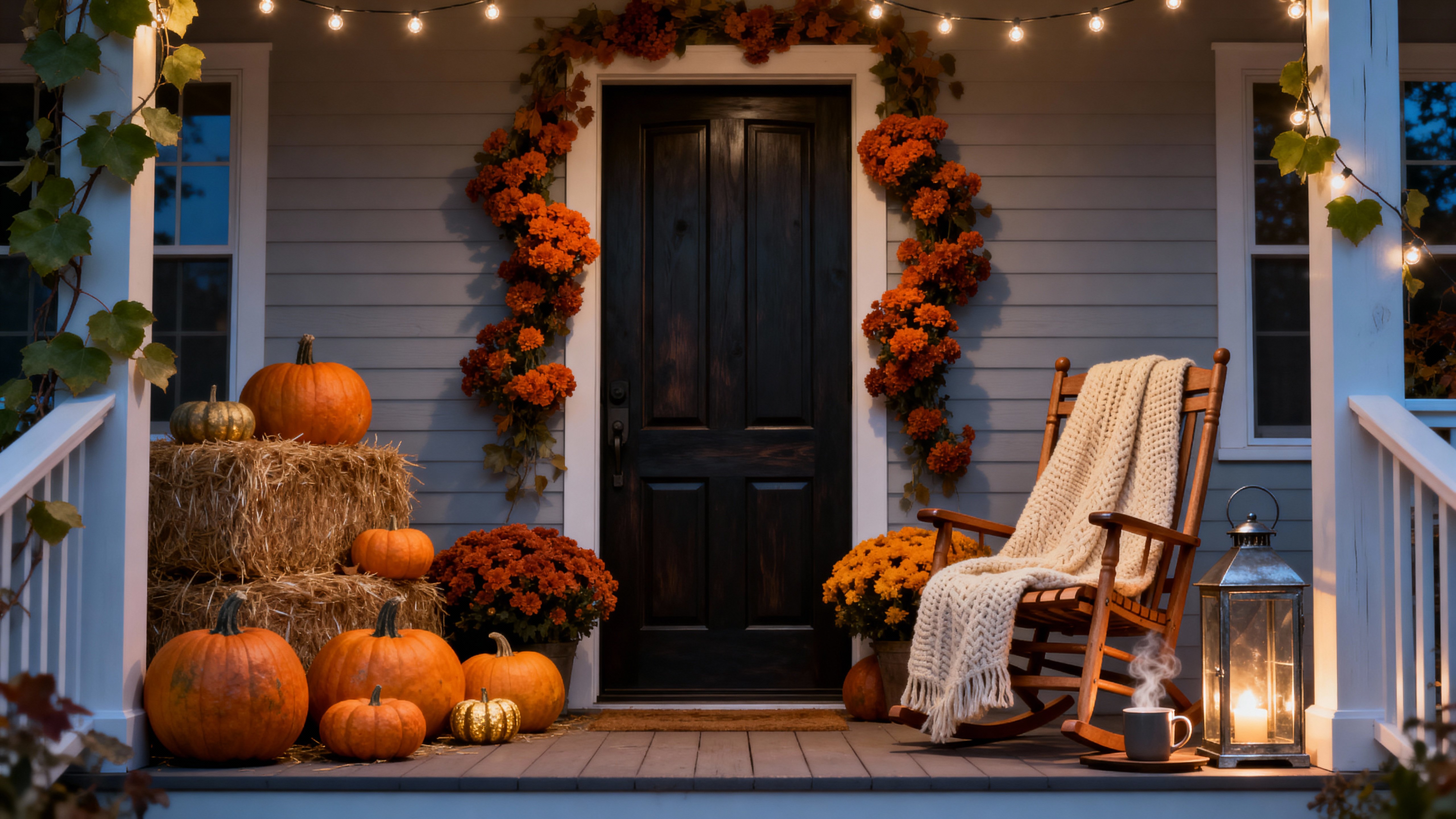 A symmetrical 16:9 wide shot of a dark wooden door framed by pumpkins, hay bales, burnt-orange mums and glowing string lights, evoking warm, welcoming autumn charm.