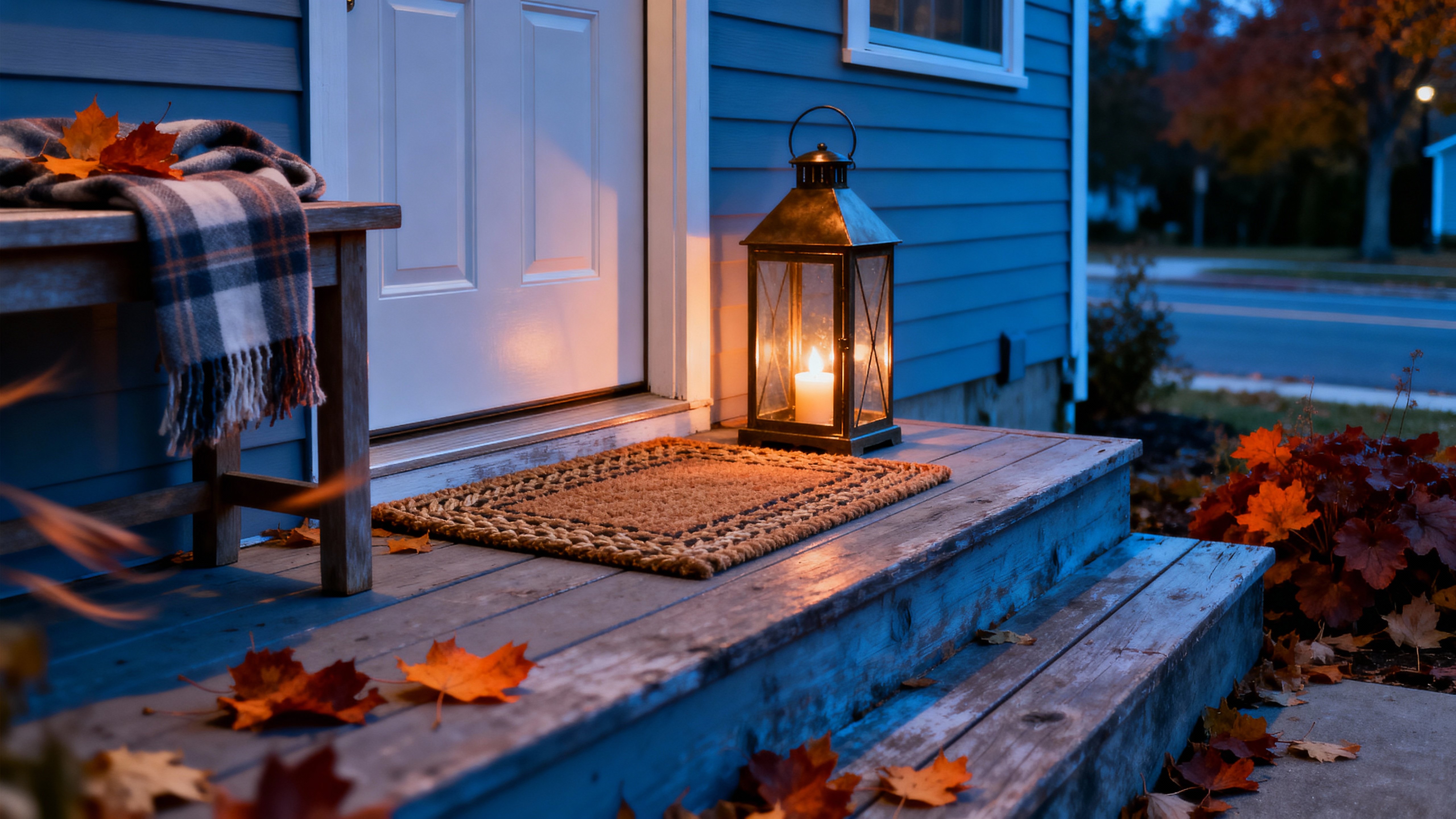 A front porch at blue hour shows slate-blue dusk and ember-orange porch glow, weathered wood and bronze lantern, ochre and rust leaves, and muted-tan textiles for a tidy, welcoming scene.