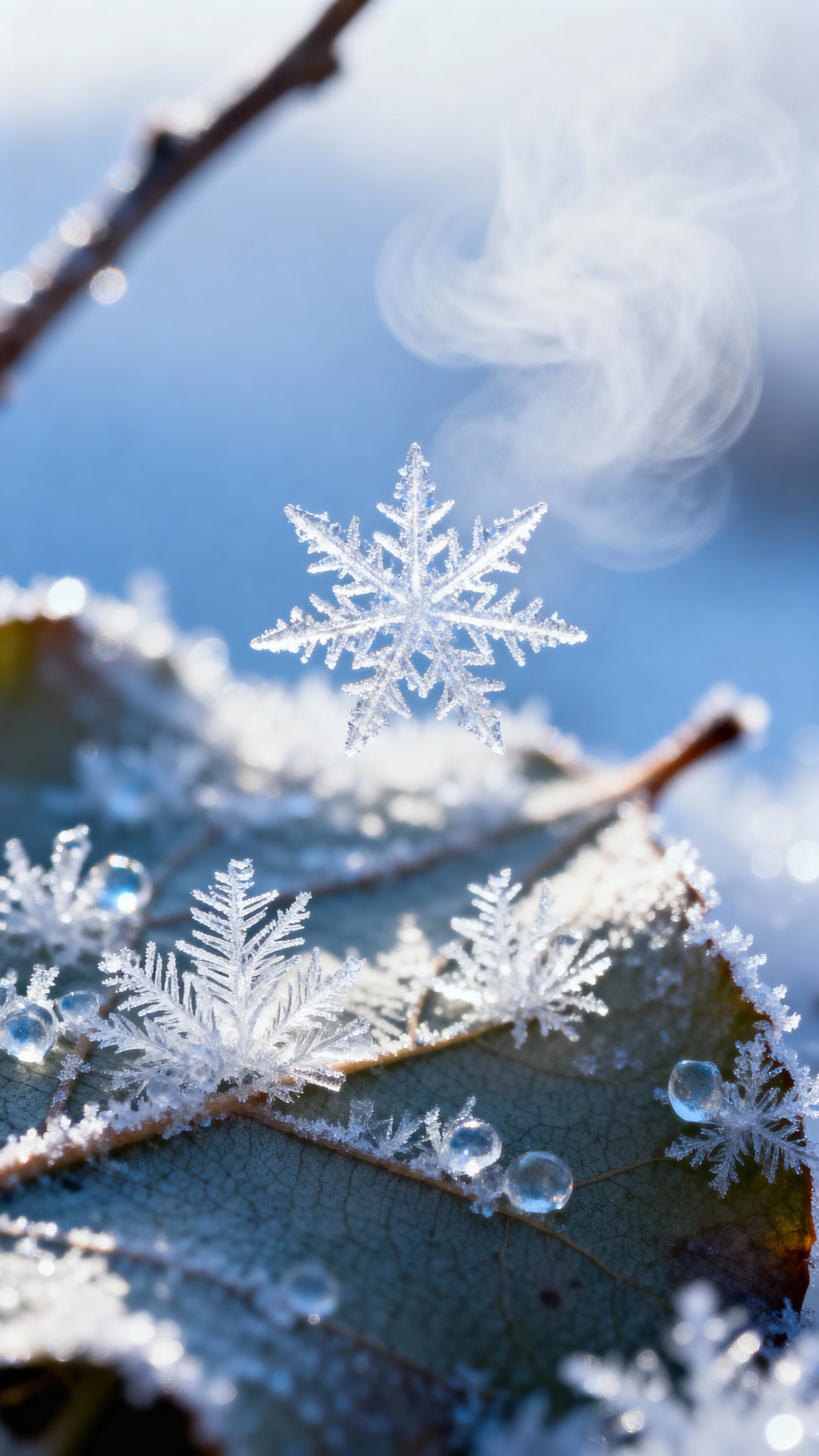 Macro view of a star-shaped frost rosette on a shaded leaf, glassy facets and feathery dendrites in icy-white-blue, pale-cyan and cool-blue tones against soft-slate shadows and muted-olive substrate.