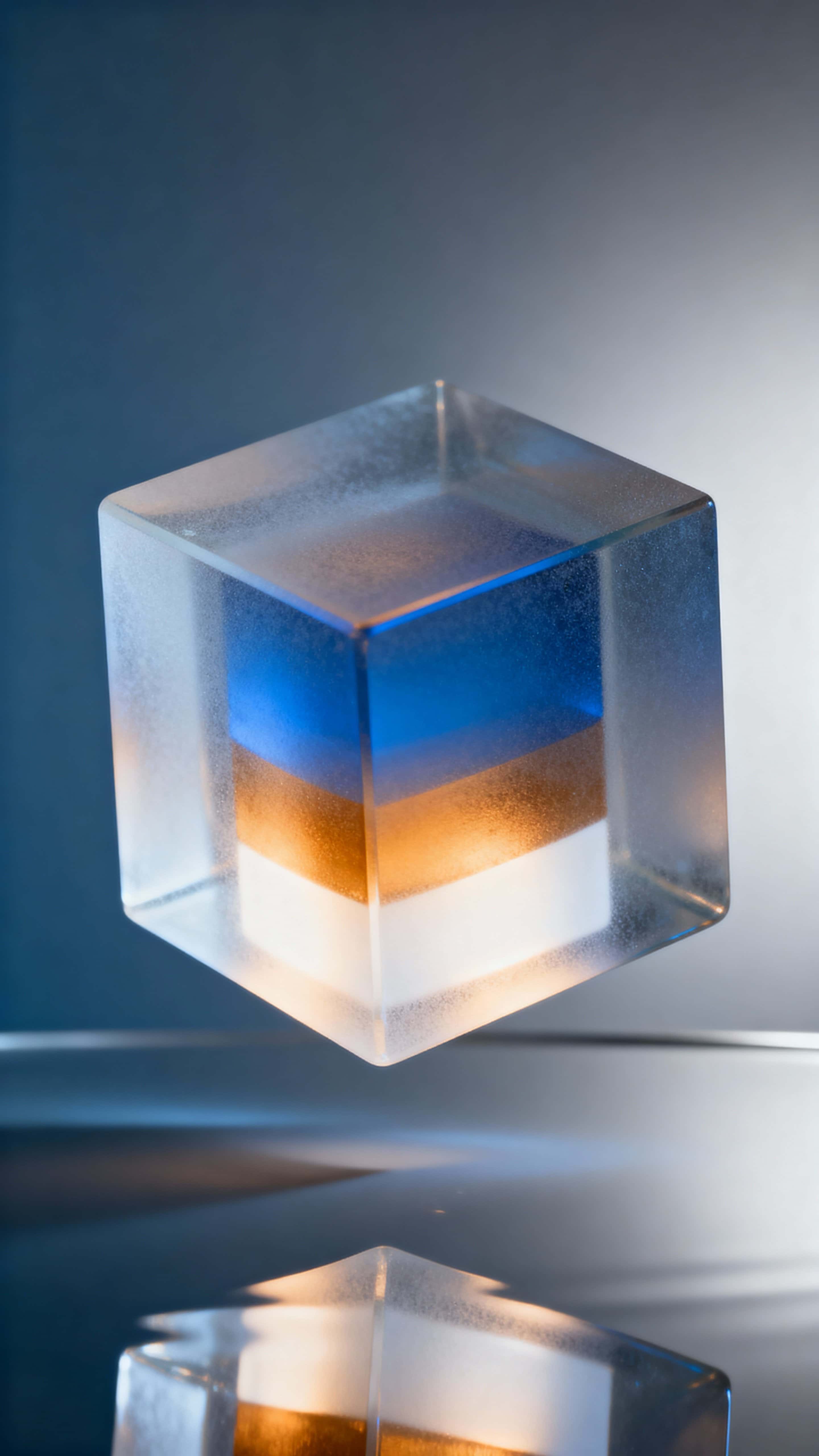 A single frosted-glass cube hovers above a glossy surface, its inner layers glowing soft blue, amber, and white while diffused reflections spread into a cool slate-to-silver background.