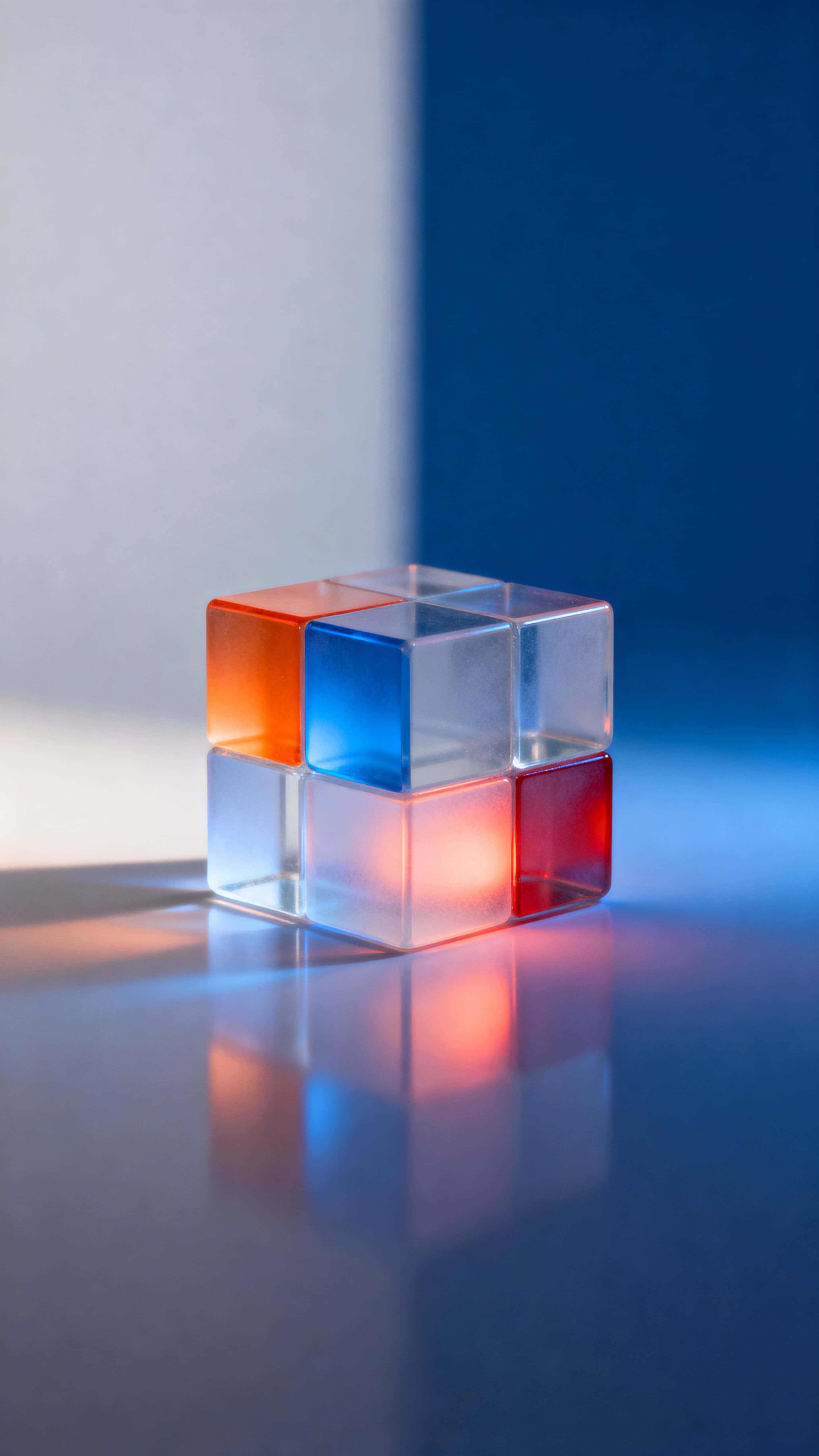 A frosted glass cube made of smaller clear blocks sits centered on a reflective surface, with warm orange, cool blue and gentle red internal glows against a split gray-to-deep-blue backdrop.