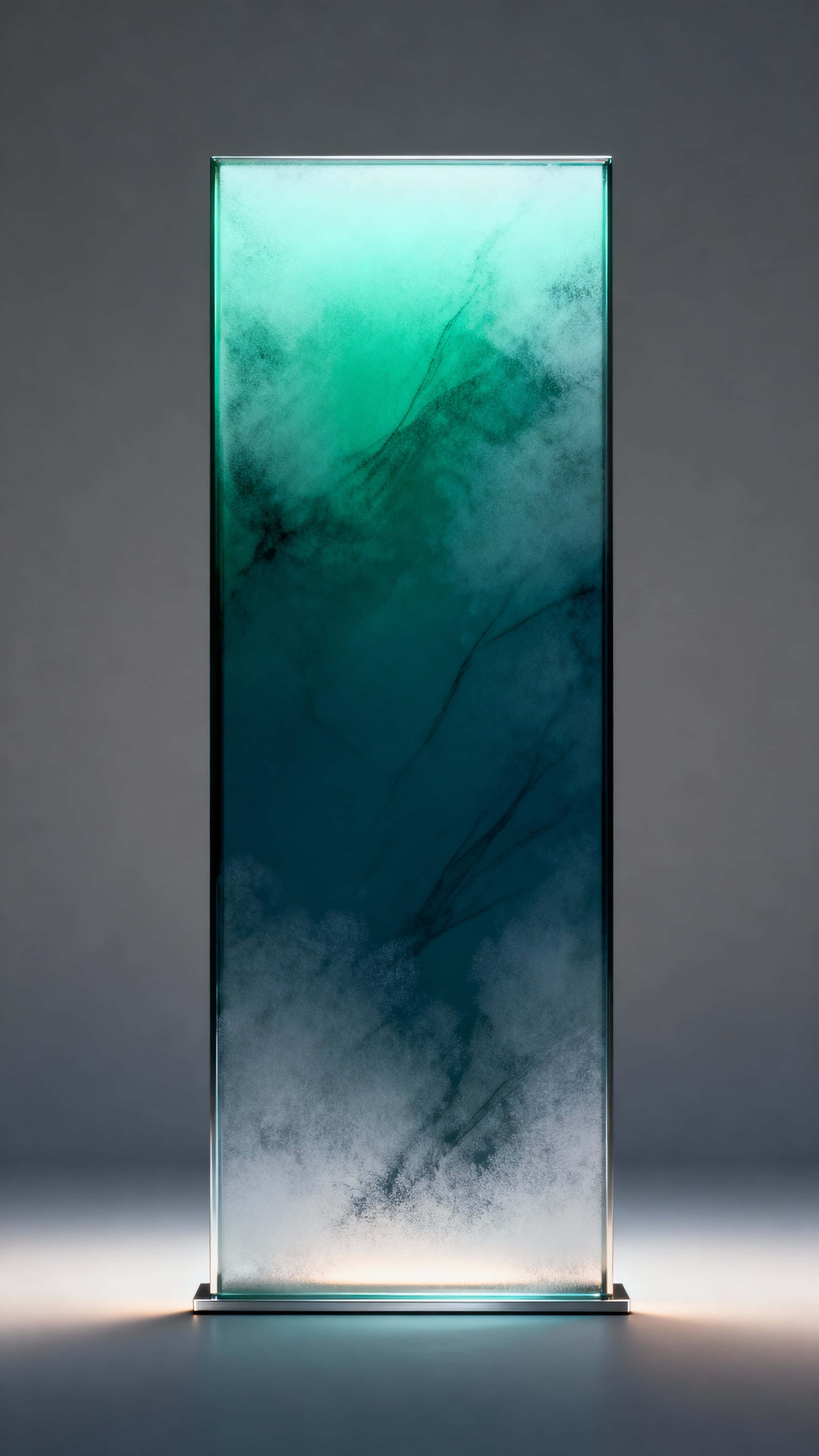 A minimal deep teal to emerald frosted glass gradient panel designed for a vertical 9:16 frame, featuring soft diffusion, subtle frost texture, and clean unlettered surfaces for display or backdrop use.