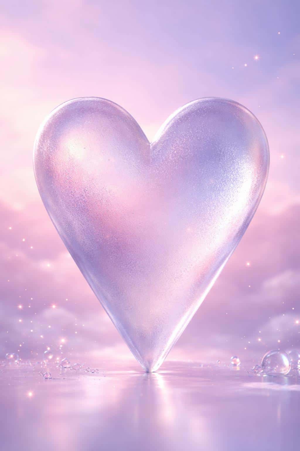 A tall frosted-glass heart rises against a soft lavender-to-rose gradient sky in a 2:3 vertical card, with diffused, dreamlike light and ample upper negative space.