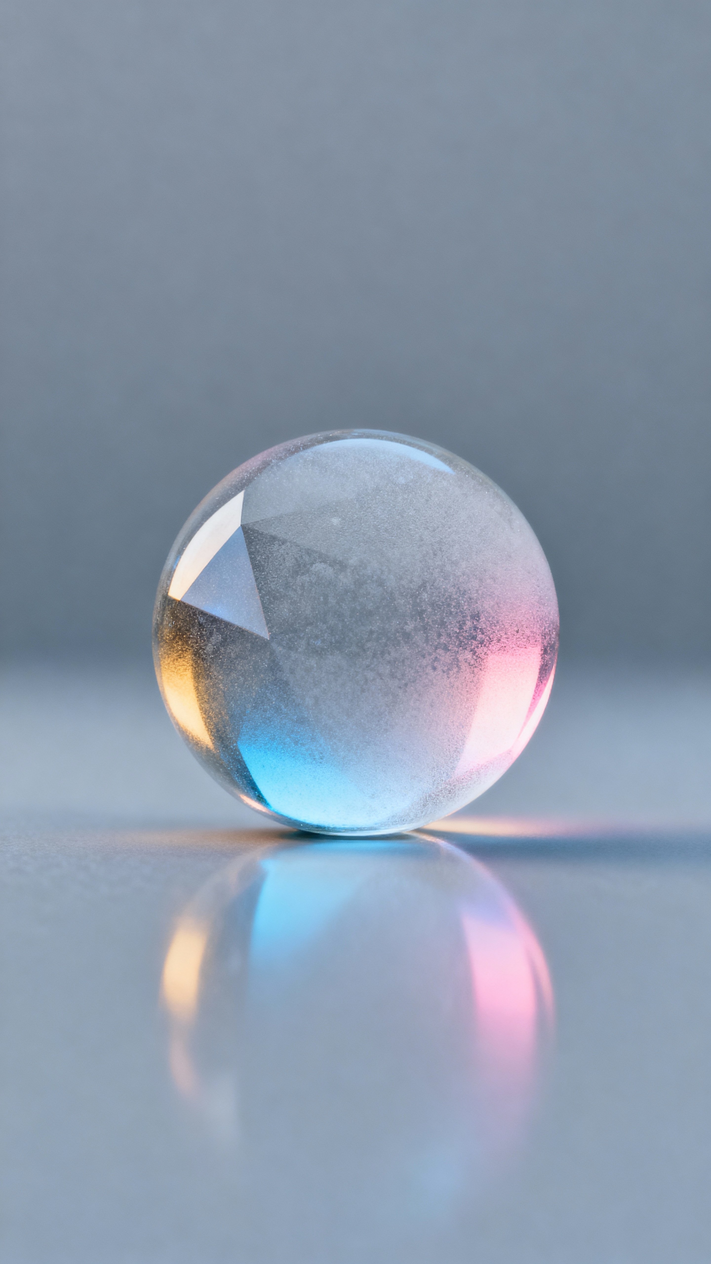 A frosted prism sphere sits centered on a smooth reflective surface in a 9:16 portrait crop, its translucent shell glowing with shifting blue, amber, and rose gradients.