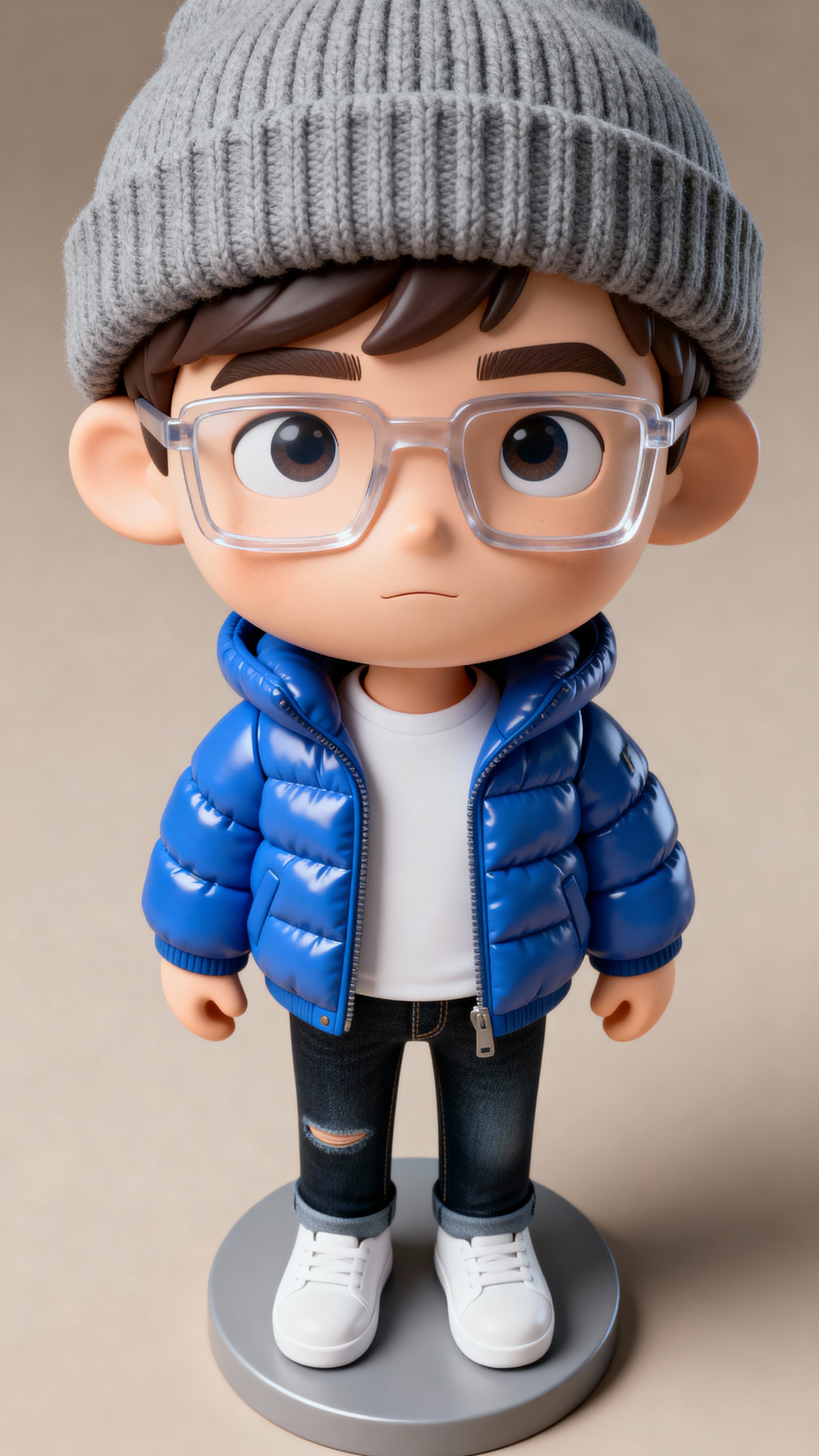Funko Pop–style vinyl figure of a young man in a bright blue puffy jacket and grey beanie, seen from an ultra-wide overhead fisheye perspective in a high-res 3D render on a neutral background.