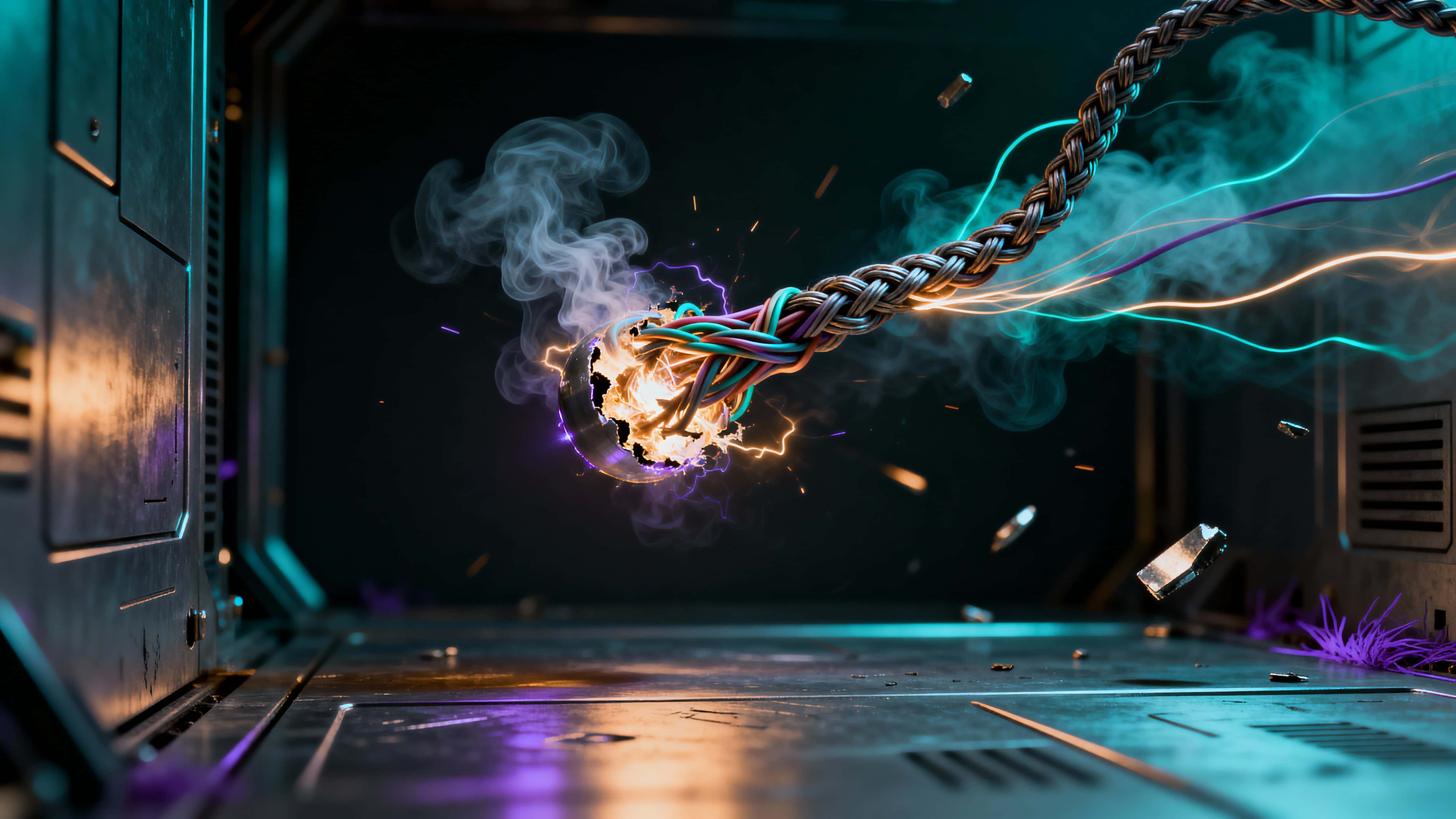 A volatile fusion node suspended in zero gravity emits braided wires, drifting fragments, and chaotic streams of light and smoke, rendered photorealistically with cinematic color grading in a 16:9 frame.