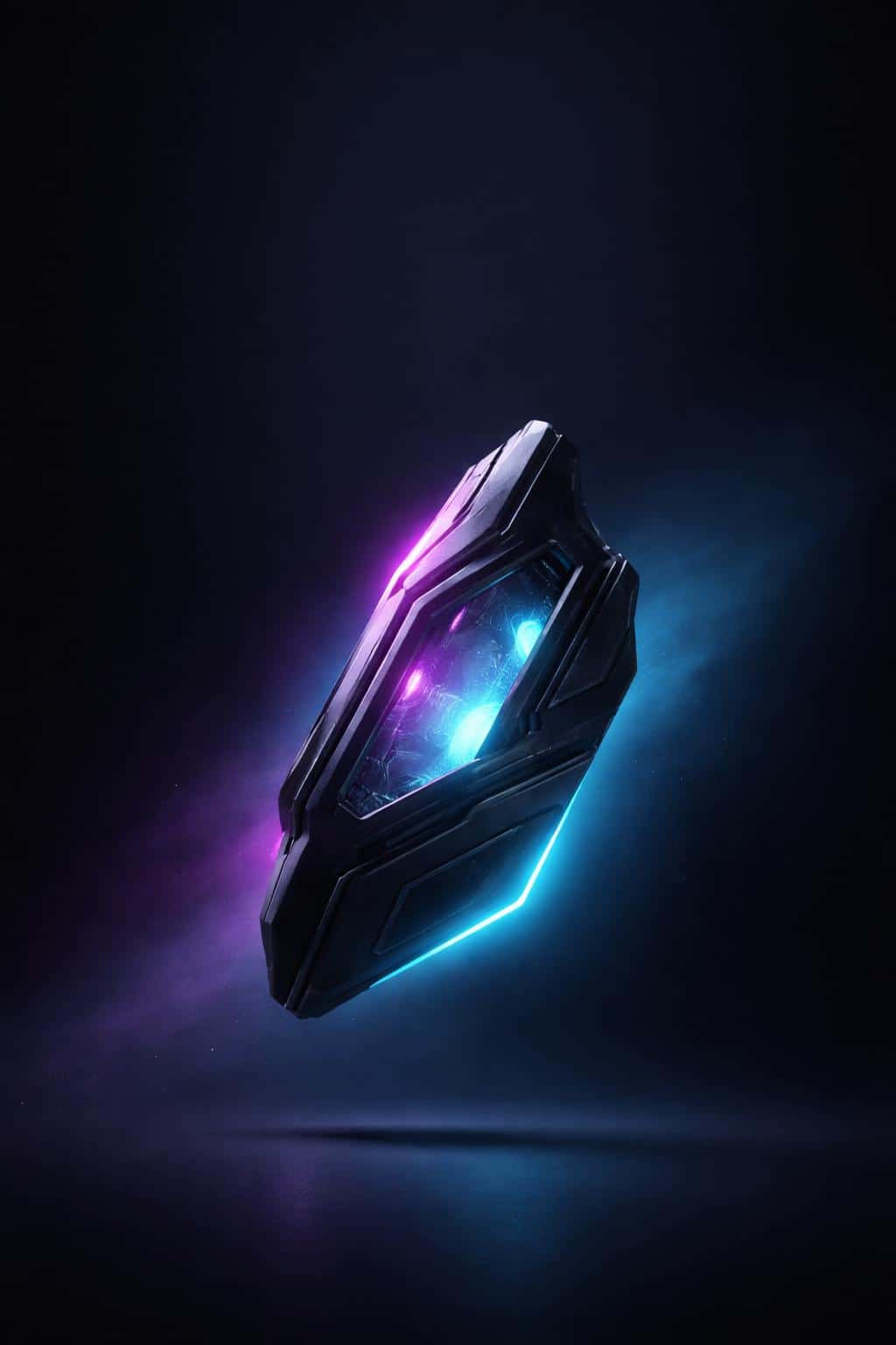Tall 2:3 studio render of a floating futuristic artifact in the lower third against a deep navy-black background, with layered matte-black panels, a translucent glass core, magenta-to-cyan rim glow and soft diagonal haze.