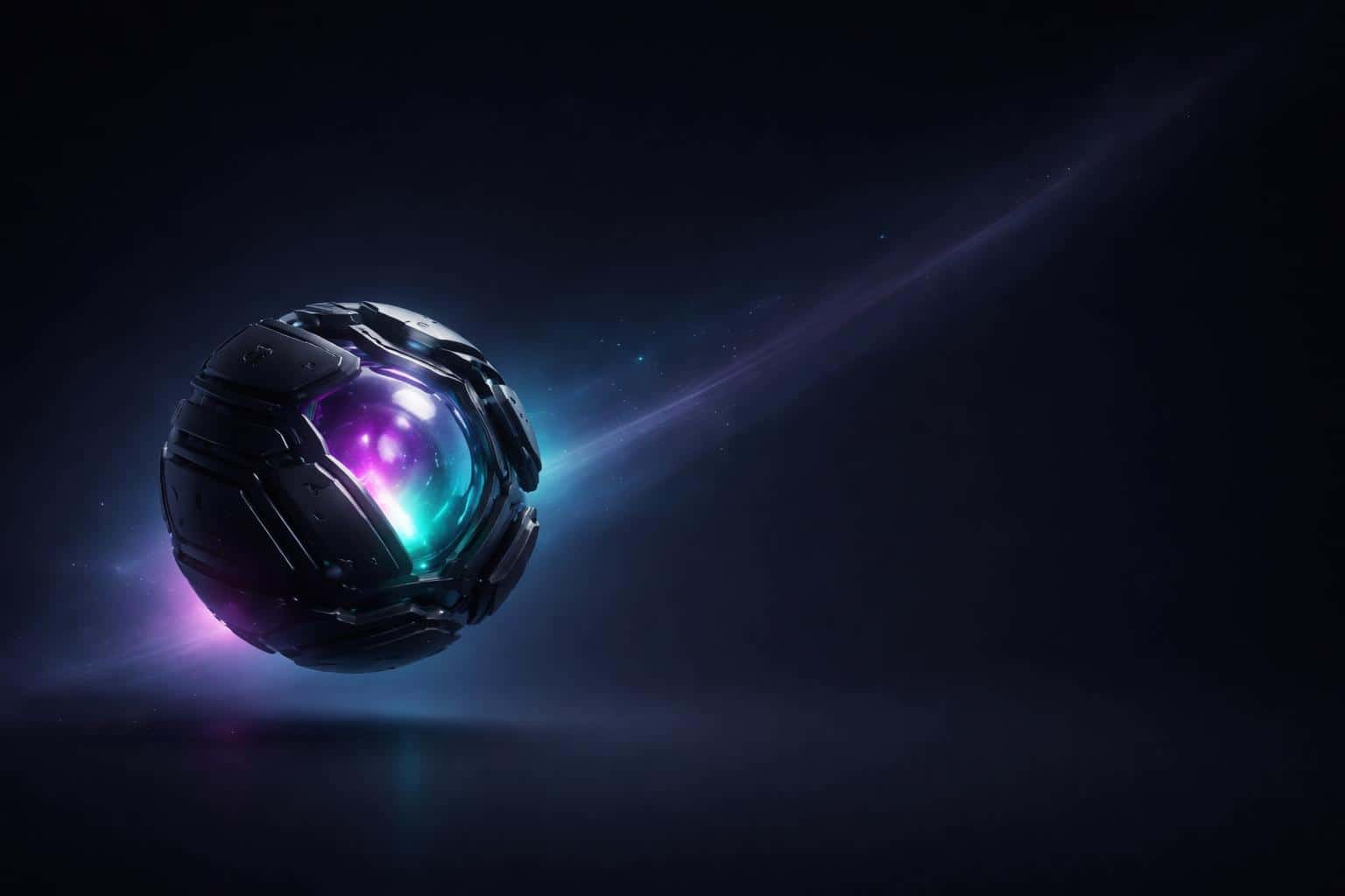 A floating futuristic artifact of layered matte-black panels surrounding a translucent glass core occupies the left third on a deep navy-black background, magenta-to-cyan rim light and a soft diagonal haze drifting toward the upper-right balancing the frame.