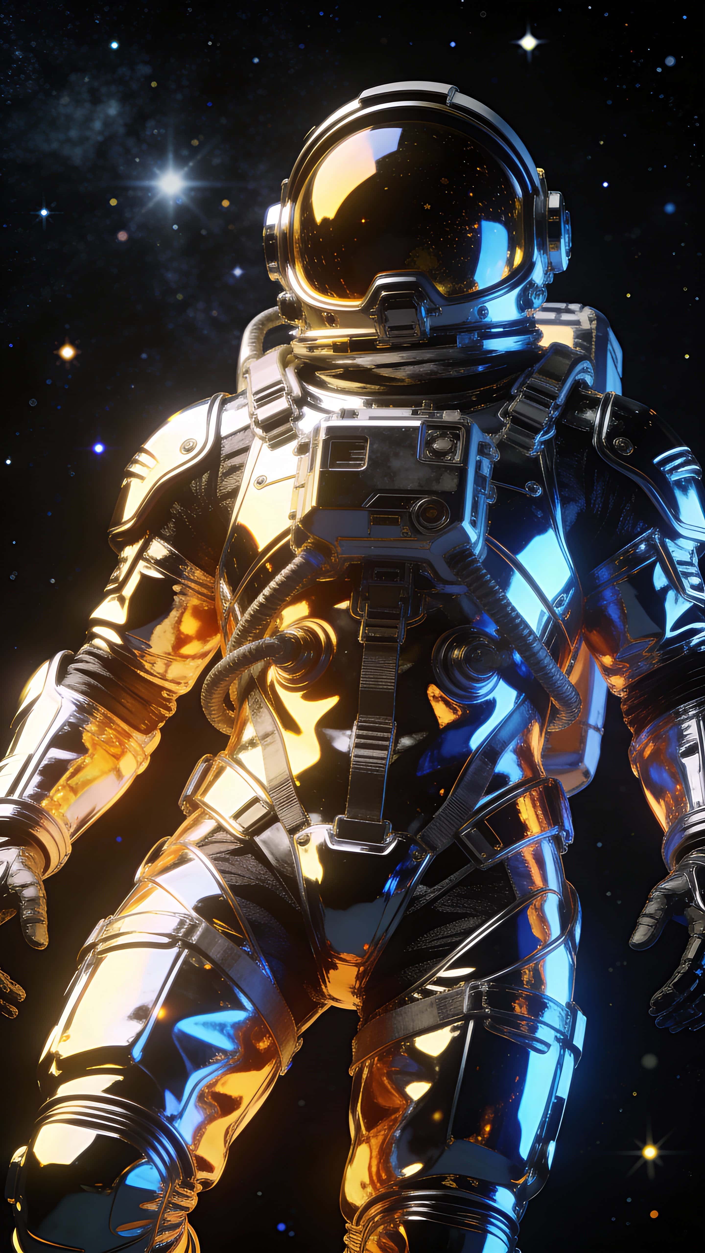 A futuristic astronaut in mirror-polished chrome armor standing against a deep black starfield, reflective metallic surfaces capturing warm and cool light.