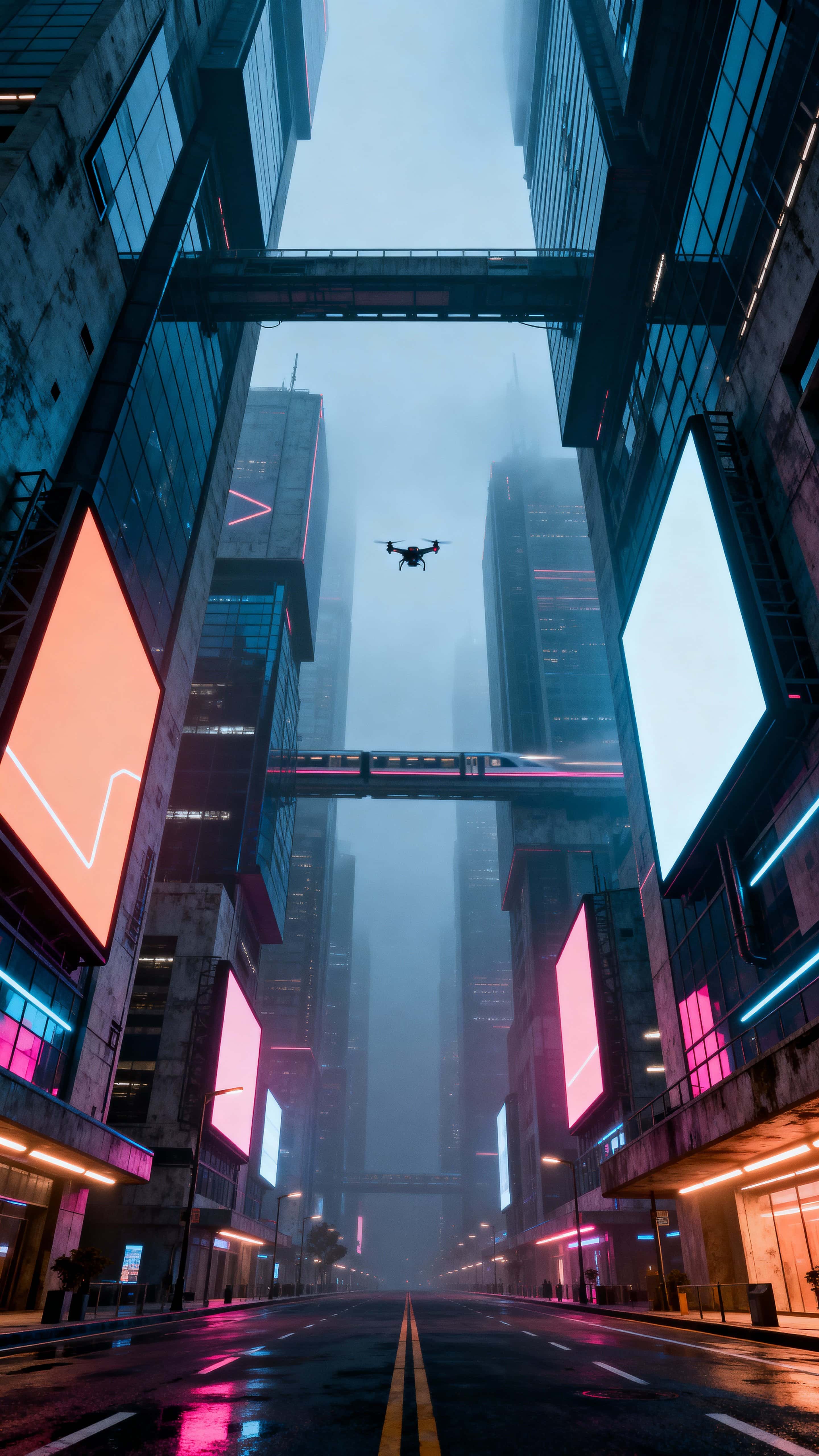 A tall, vertical futuristic cityscape dominated by illuminated billboards and reflective facades, composed for a 9:16 portrait crop that emphasizes scale, depth, and neon atmosphere for cinematic visual storytelling.