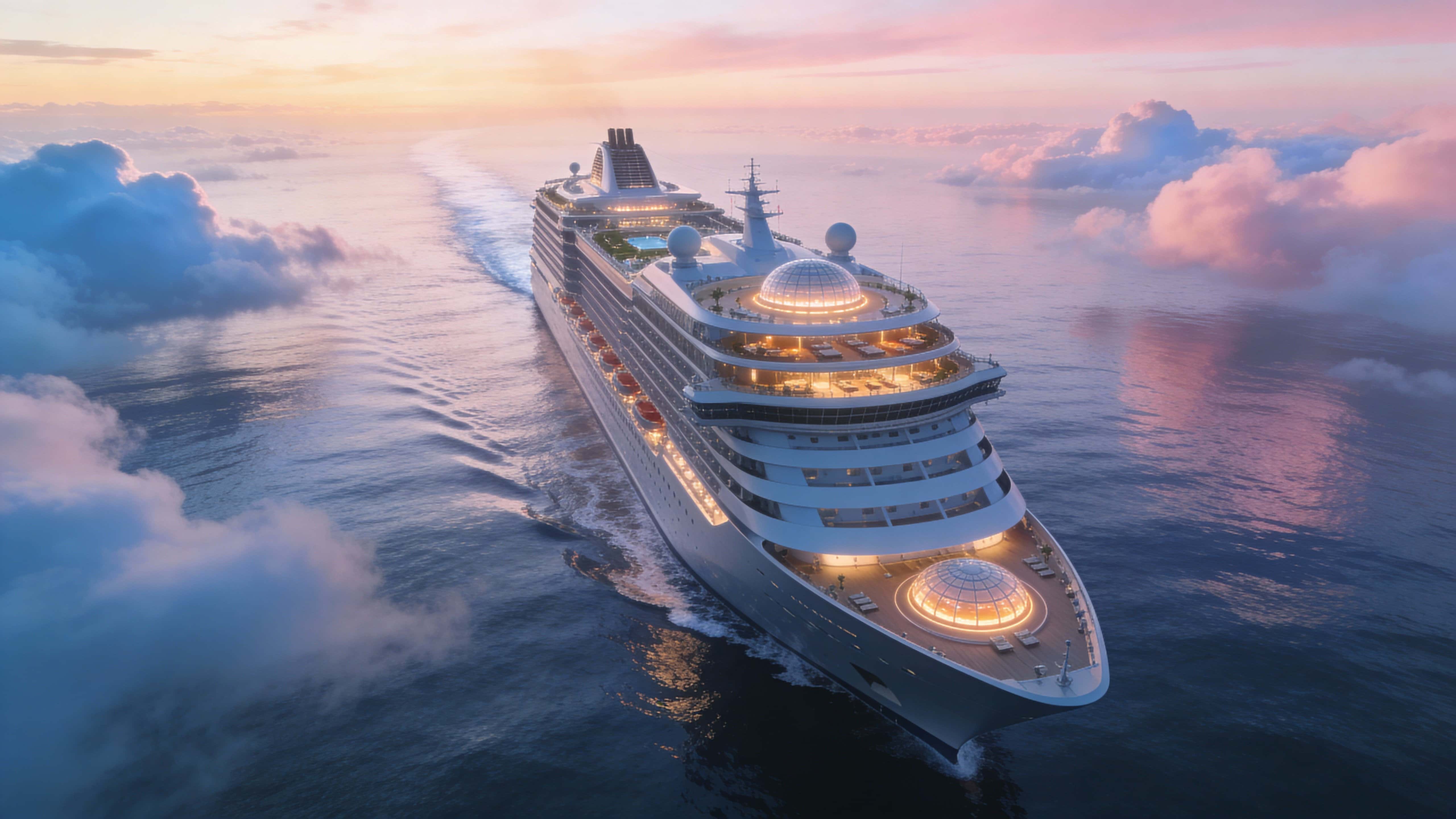 A wide aerial view of a sleek futuristic cruise vessel crossing a calm dawn ocean, pale pink and blue light sculpts clouds while multi-tiered decks glow and trail a soft wake.