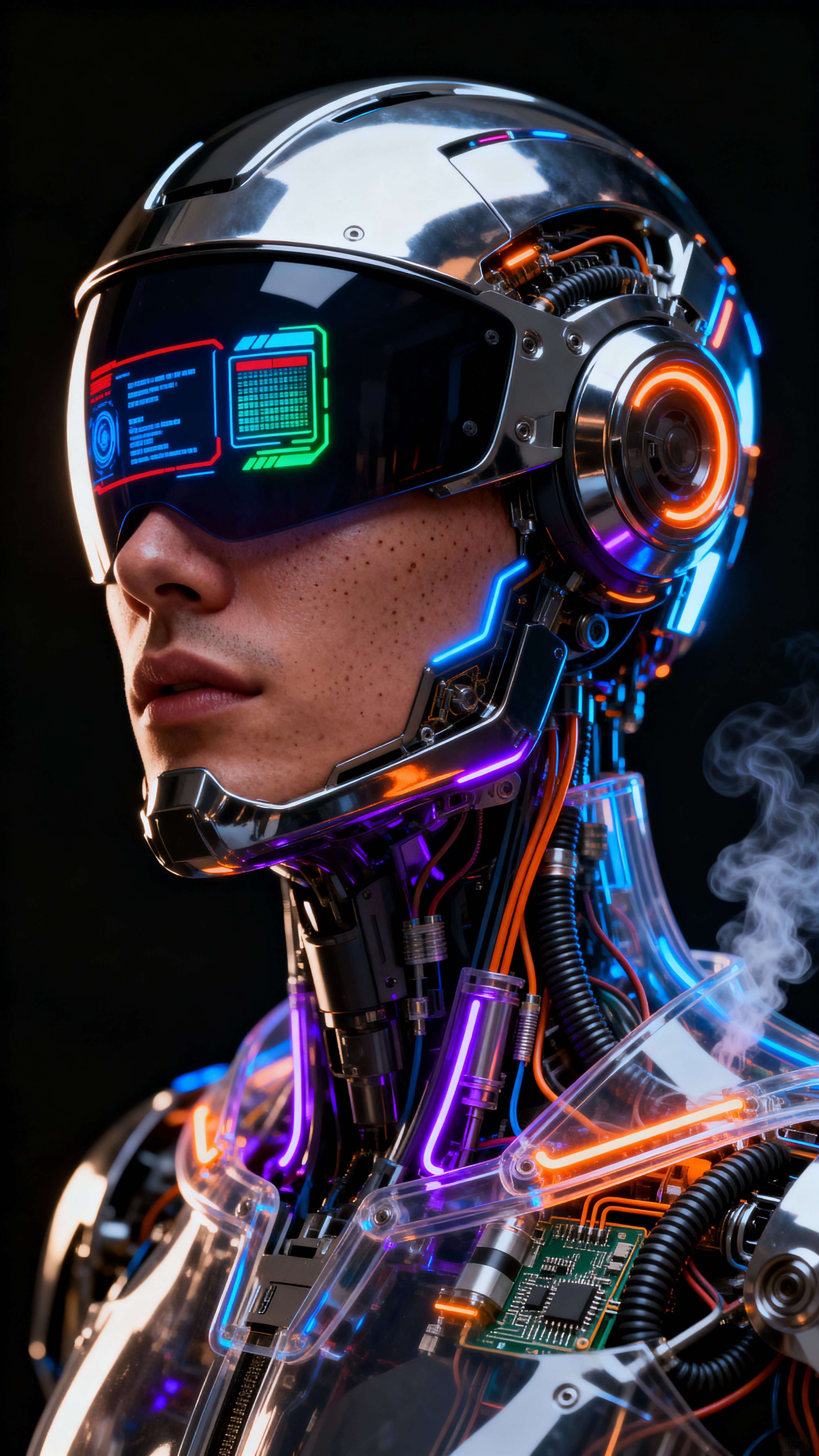 Photorealistic 3D render of a futuristic cyborg head and neck against a pure black background. Sleek metallic helmet with a reflective visor displaying holographic interface elements in blue, red, and green. Helmet features intricate mached