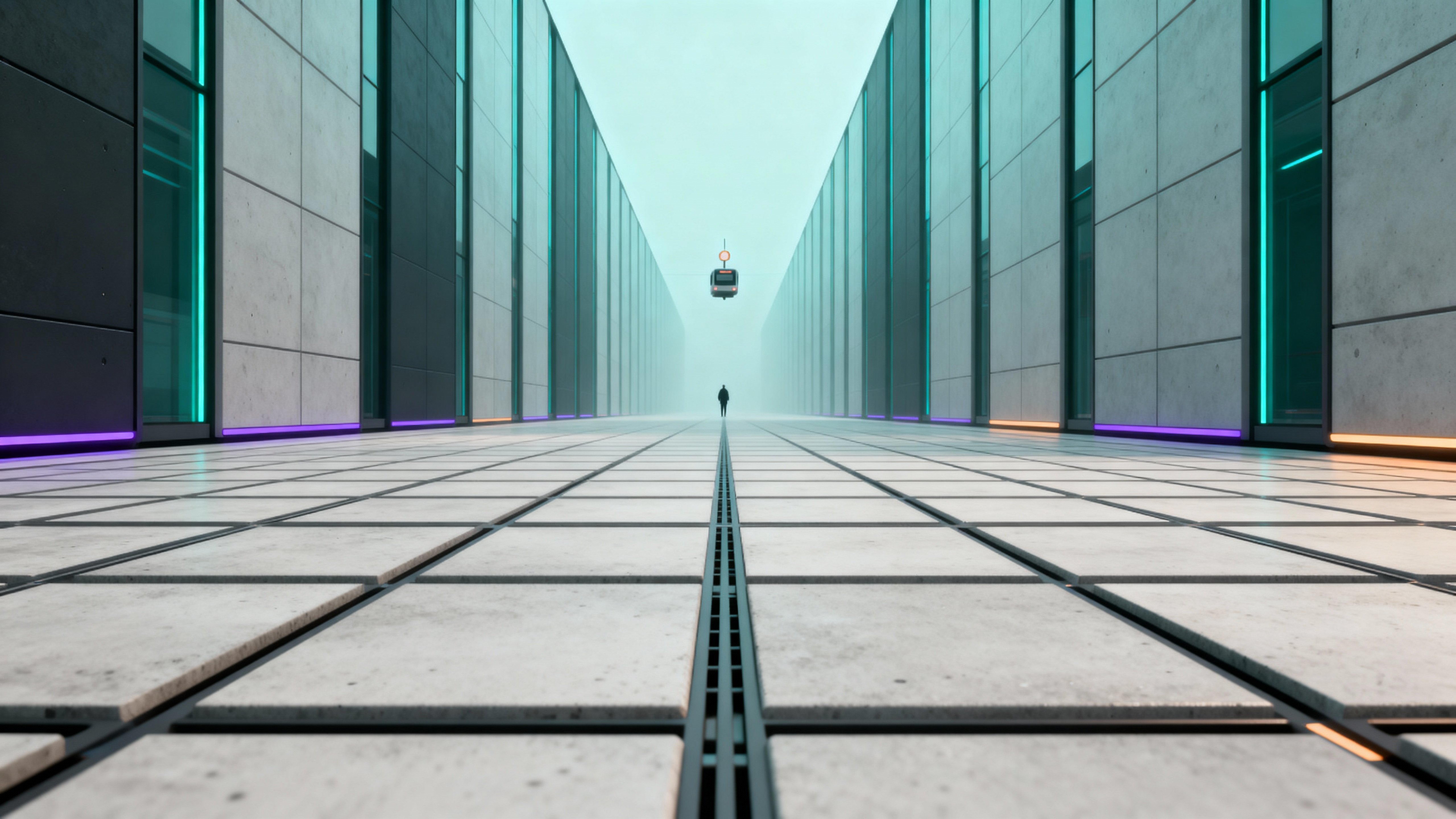 A wide 16:9 study of a futuristic minimal grid perspective showing clean geometry, muted cool tones with a warm accent, and a quiet sense of depth and scale for concept visualization.
