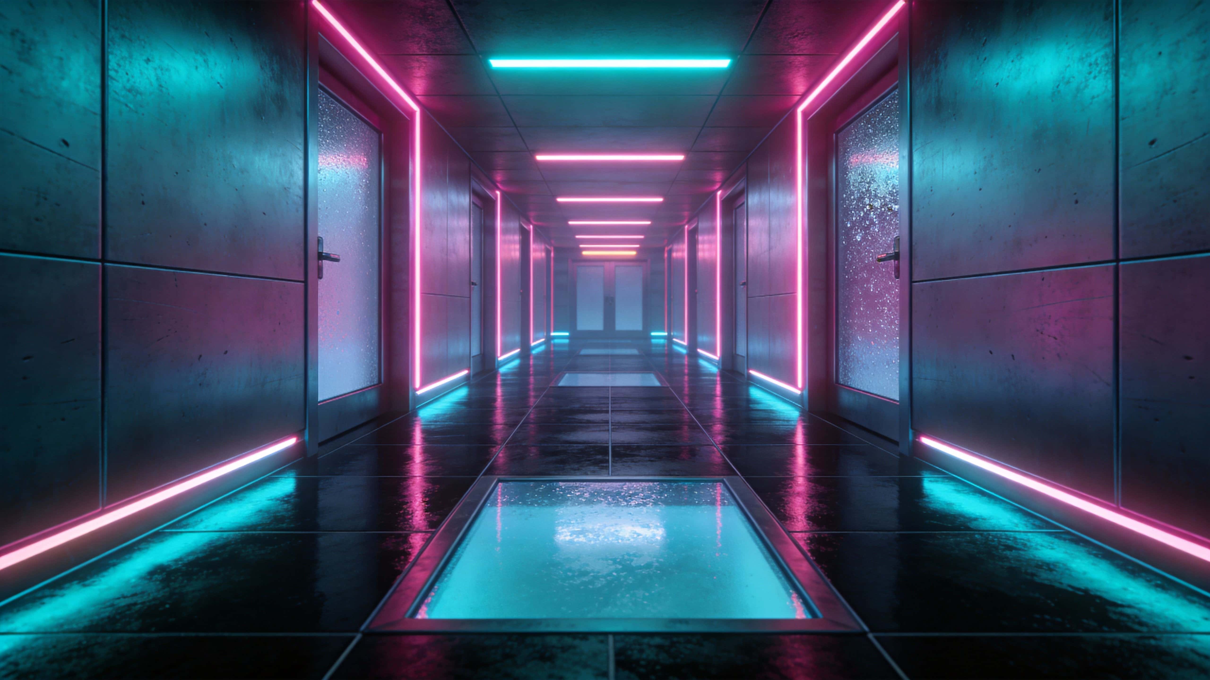A neon-lit futuristic hallway photographed as an architectural study with cinematic neon-glow, composed for a 16:9 wallpaper-ready crop emphasizing depth and symmetry.