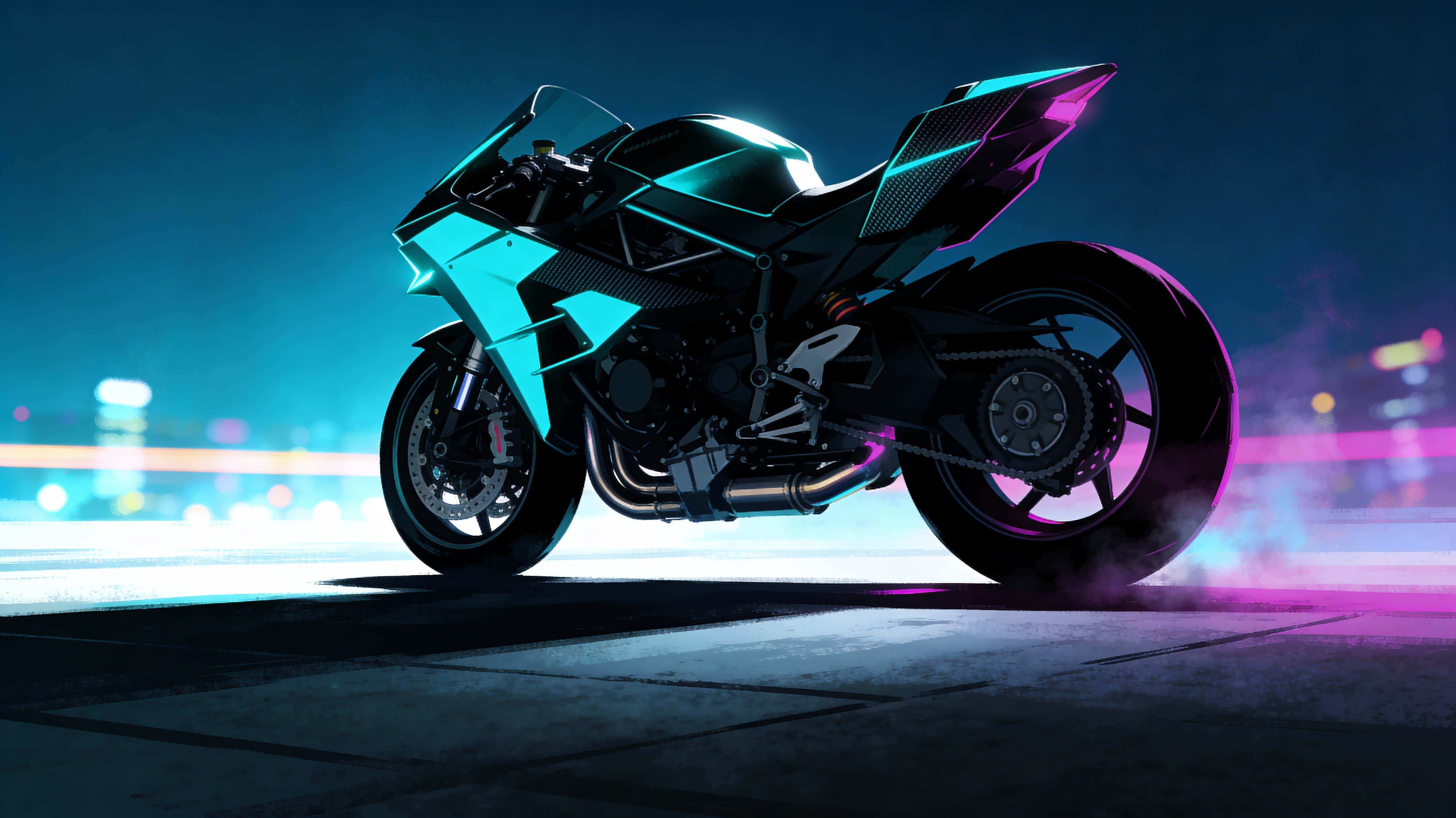 A widescreen 16:9 digital painting of a futuristic motorcycle silhouette with high-contrast lighting, neon accents and minimal composition, created as a poster.