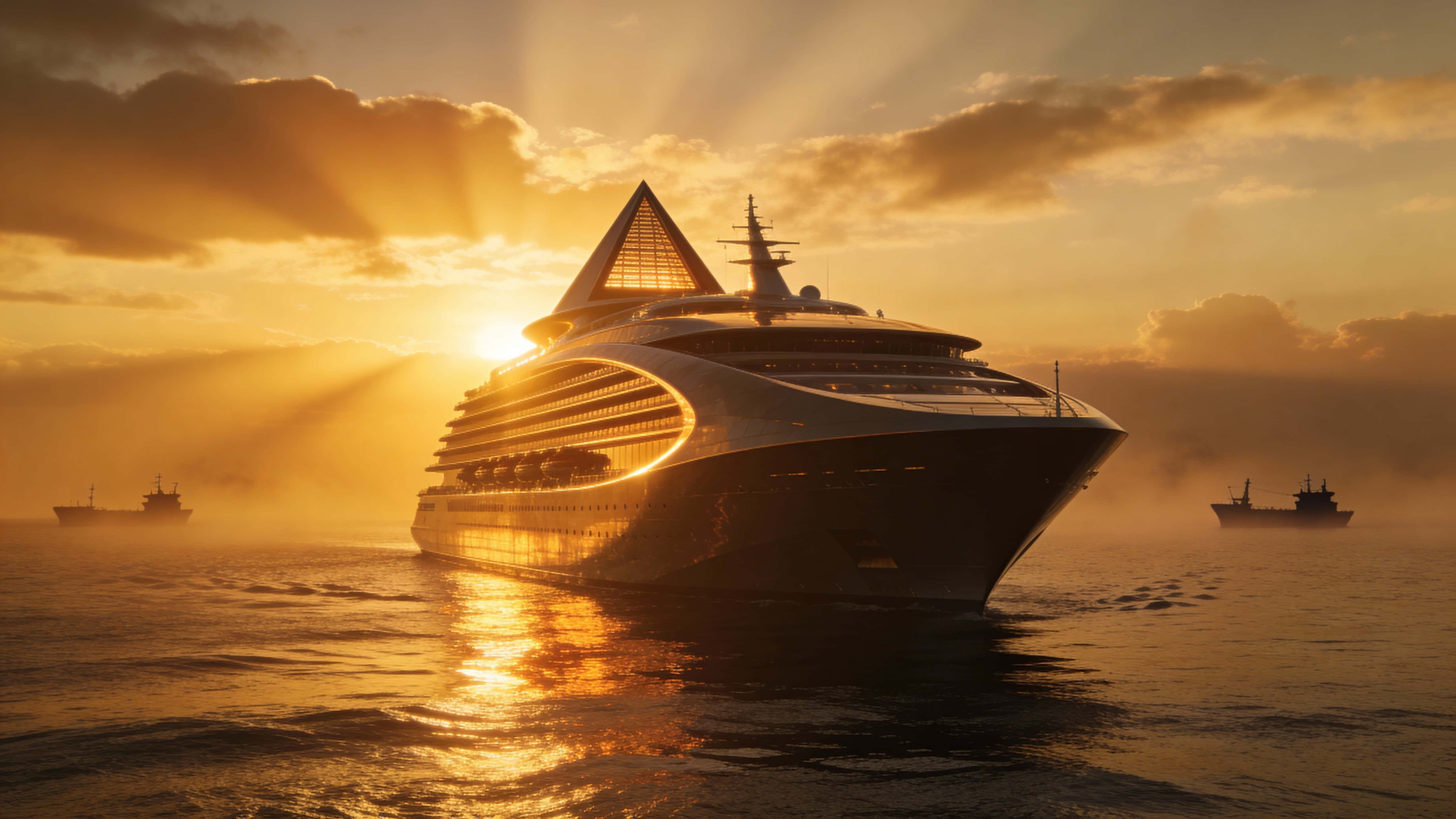 A wide 16:9 sunset scene of a futuristic ocean liner with curved architecture and triangular upper decks glowing amber as the sun sinks behind layered clouds, calm reflective water, distant silhouetted support vessels, and a cinematic, hazy