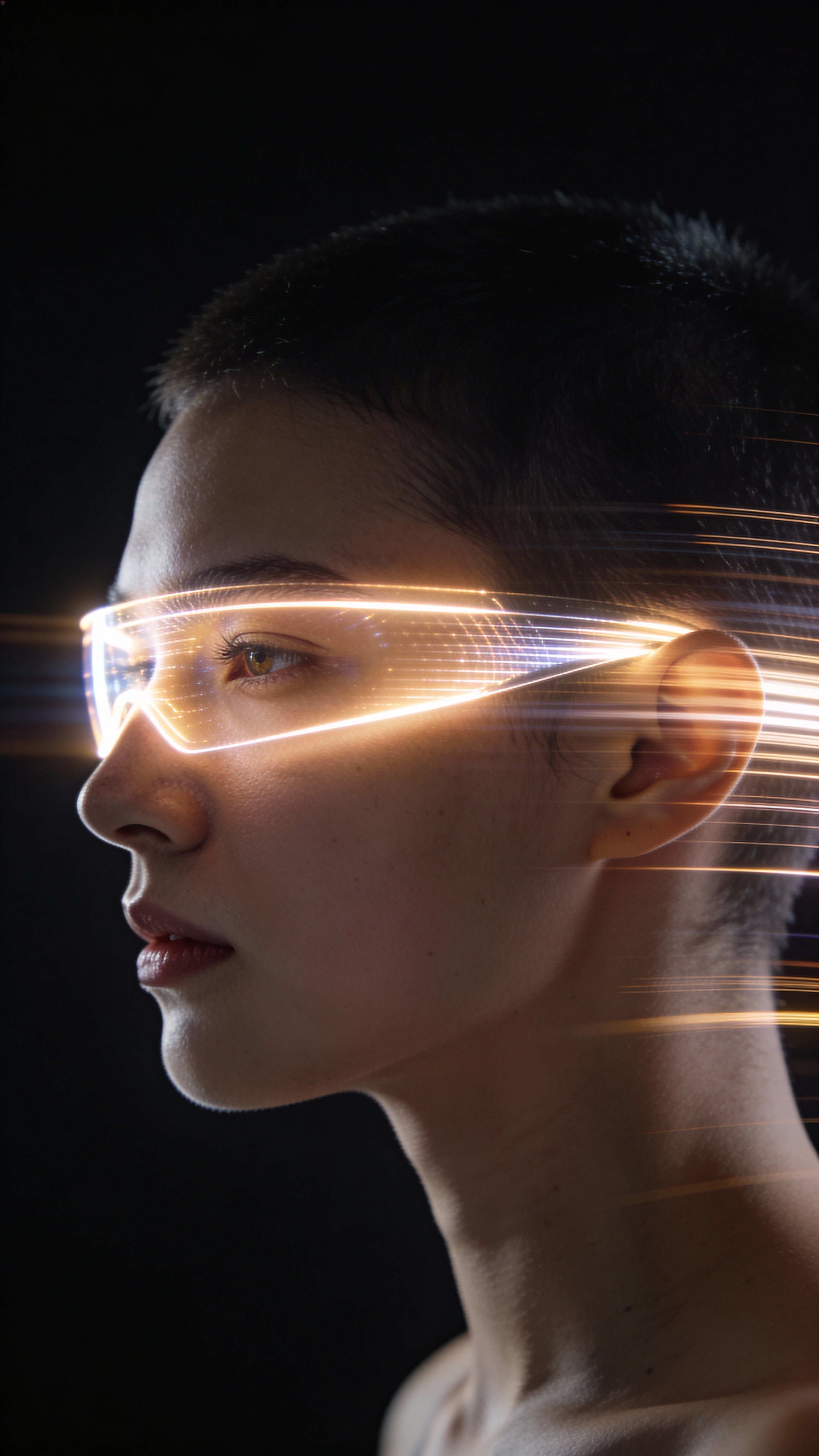 Side-profile futuristic portrait of a human figure with a smooth glowing energy visor over the eyes and subtle light streams flowing backward against a dark empty background, framed tall in a 9:16 portrait crop.