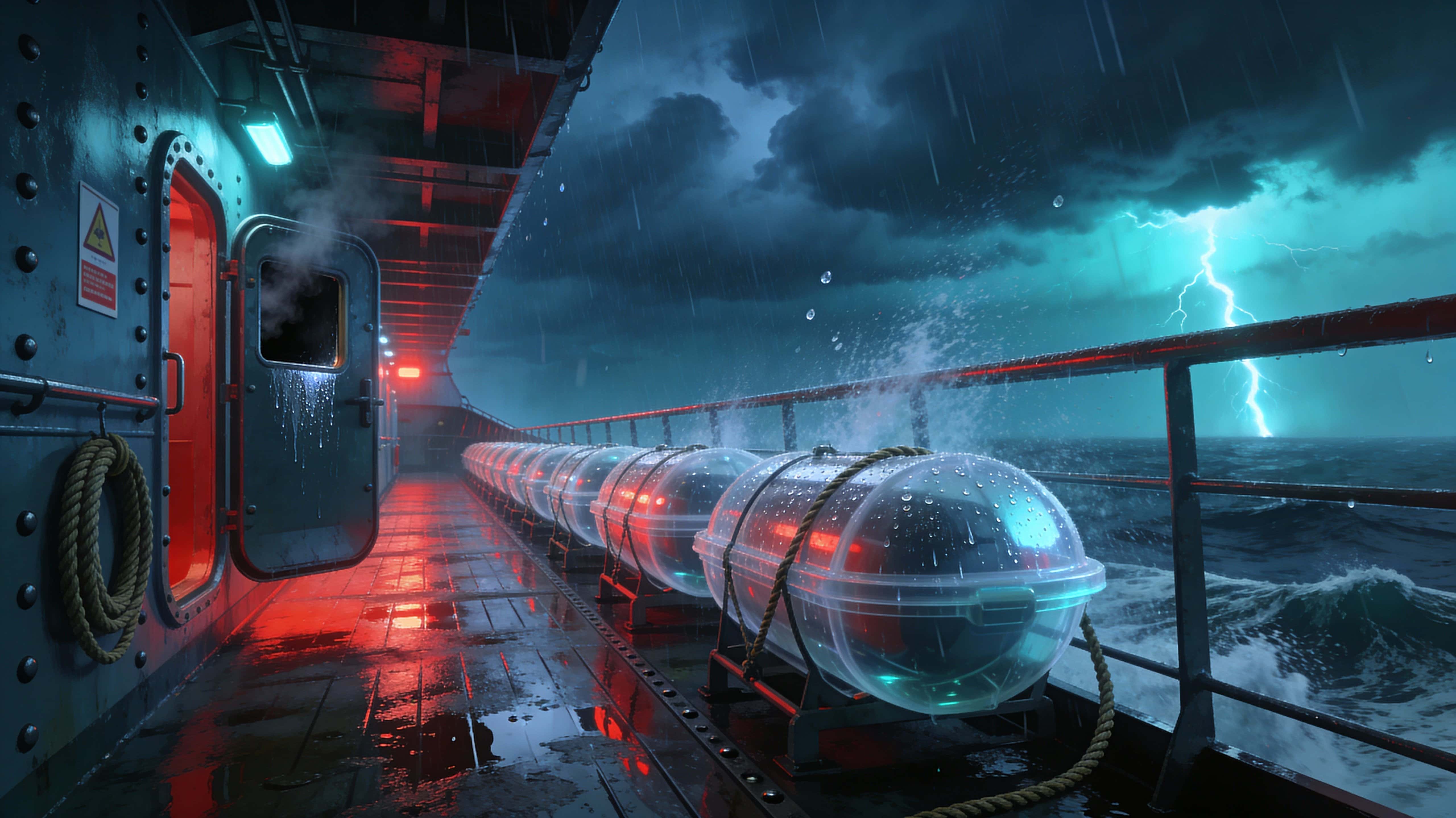 Photoreal upper-deck view of a futuristic ship at night during a violent storm, wet reflective surfaces, glowing emergency lights, and distant lightning for tense cinematic drama.