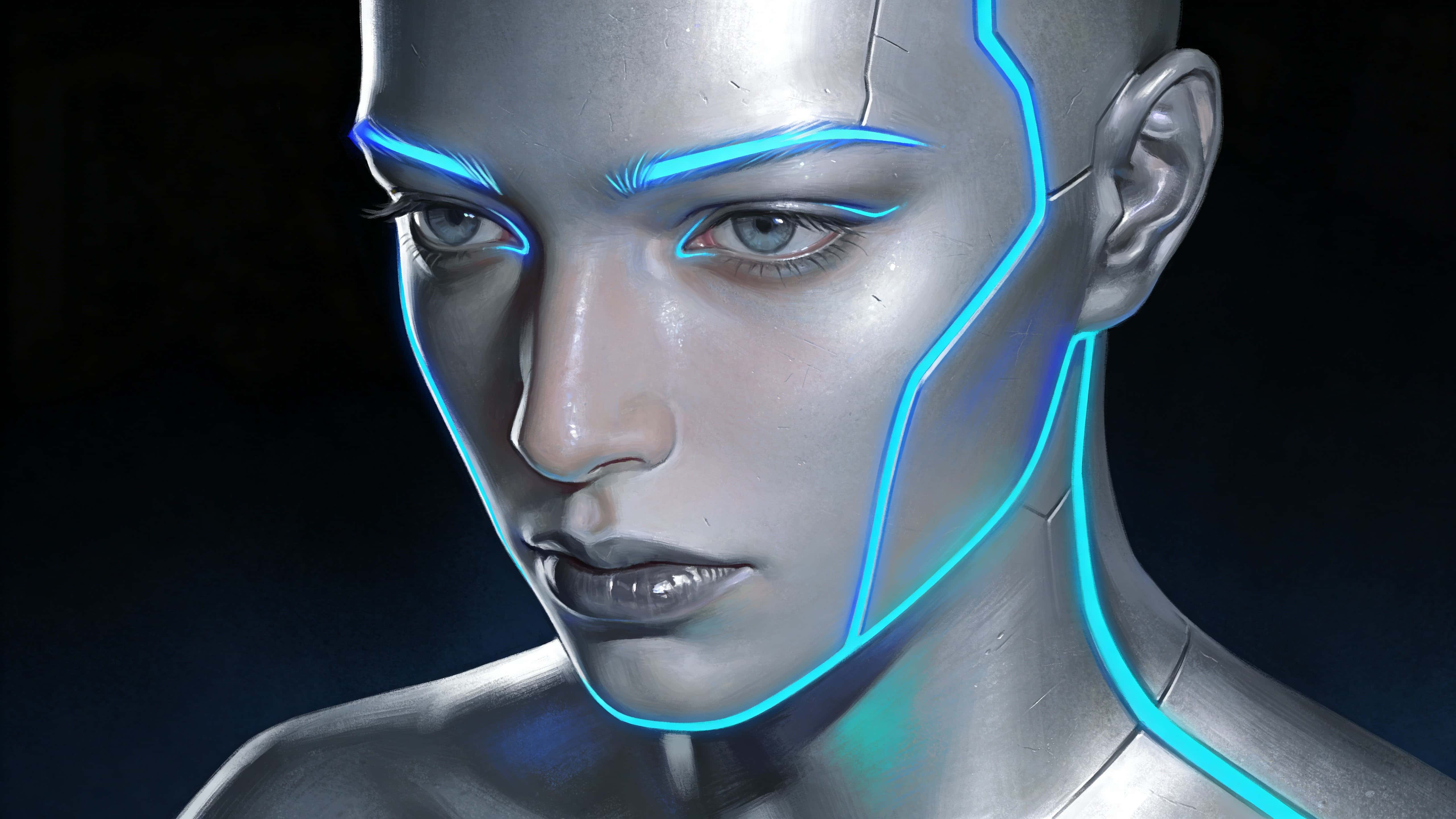 A sleek close-up digital portrait of a smooth silver face lit by icy-blue and turquoise contour lines against a deep navy backdrop, cool and futuristic.