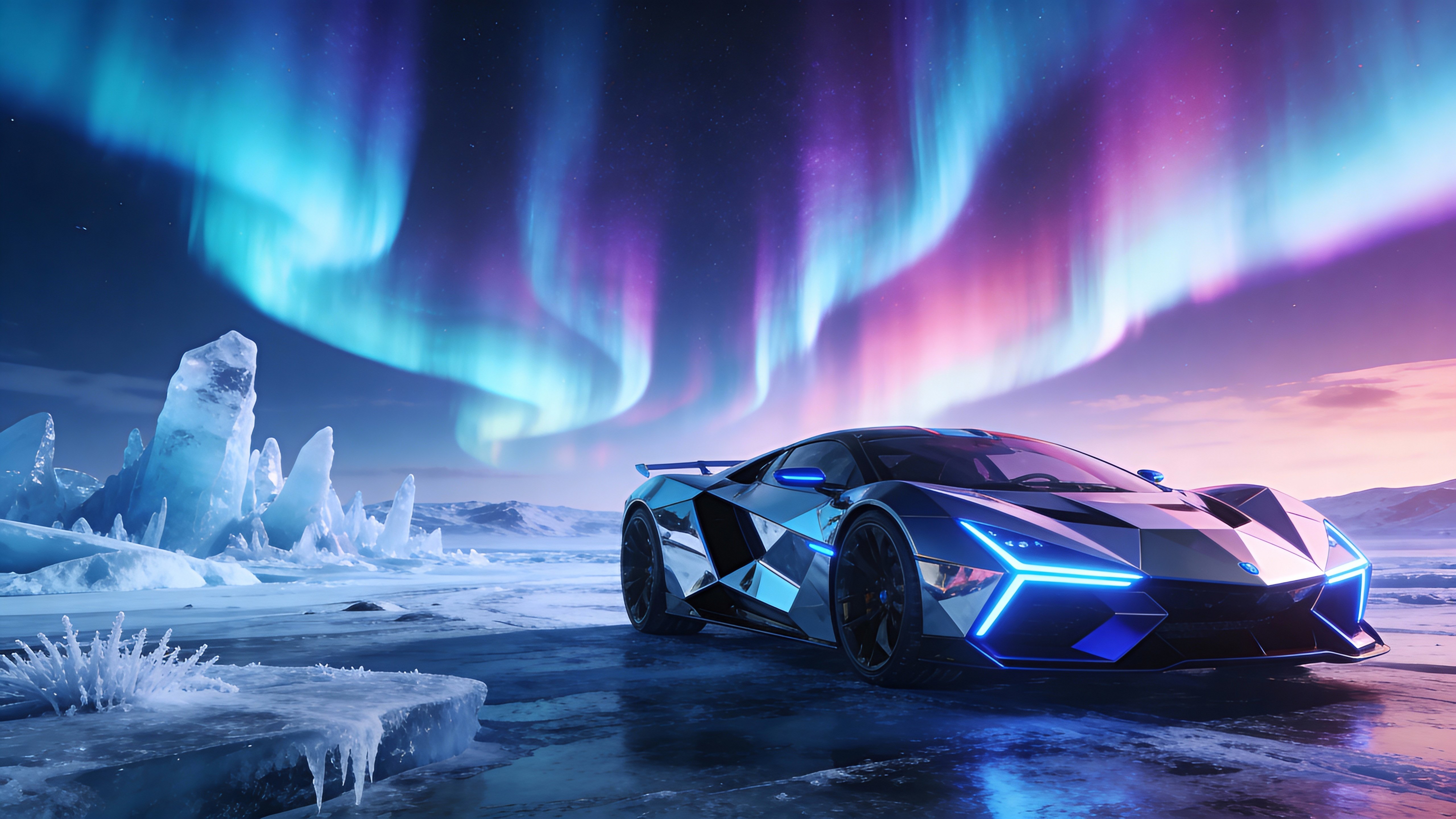 A sleek futuristic supercar sits on an icy alien planet beneath intense aurora-like energy waves, its reflective bodywork mirroring teal and violet skies in a cinematic 16:9 frame.