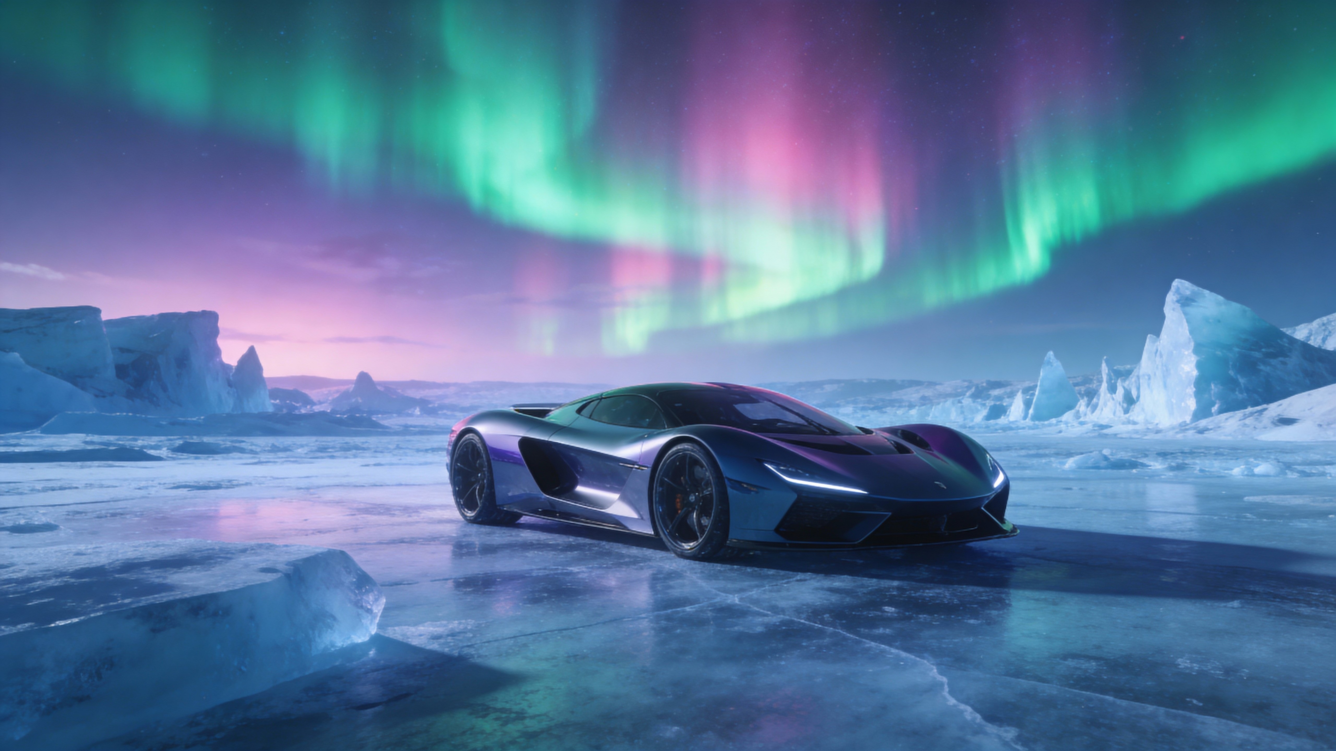 Wide 16:9 cinematic shot of a futuristic supercar on an icy tundra, vast frozen horizon to the frame edge and glowing northern lights overhead, minimal foreground clutter and ultra-realistic color grading.