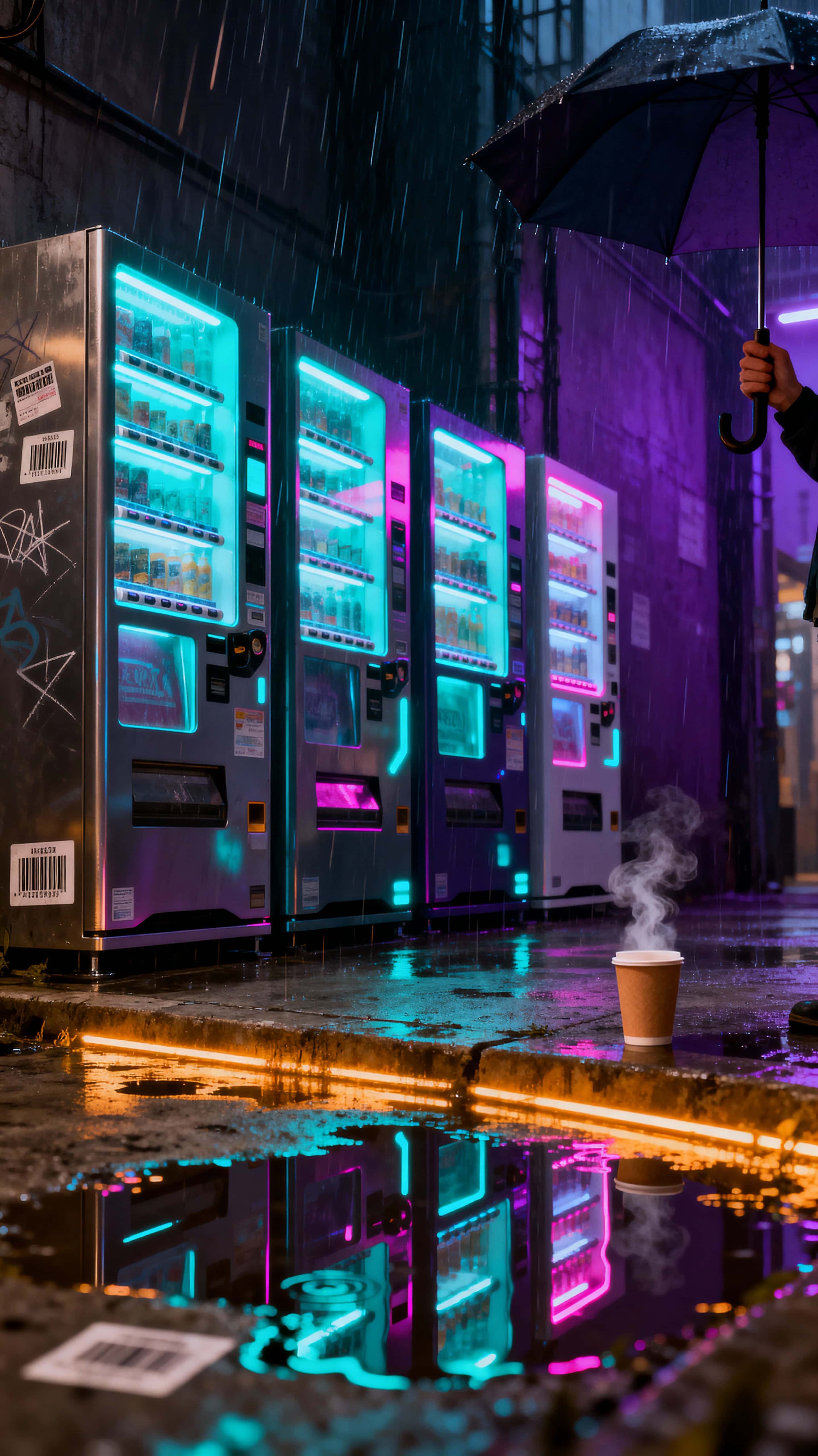 A vertical, neon-lit portrait of futuristic vending machines glowing in a rainy urban alley, framed for 9:16 portrait use with moody atmosphere and cinematic color contrasts.