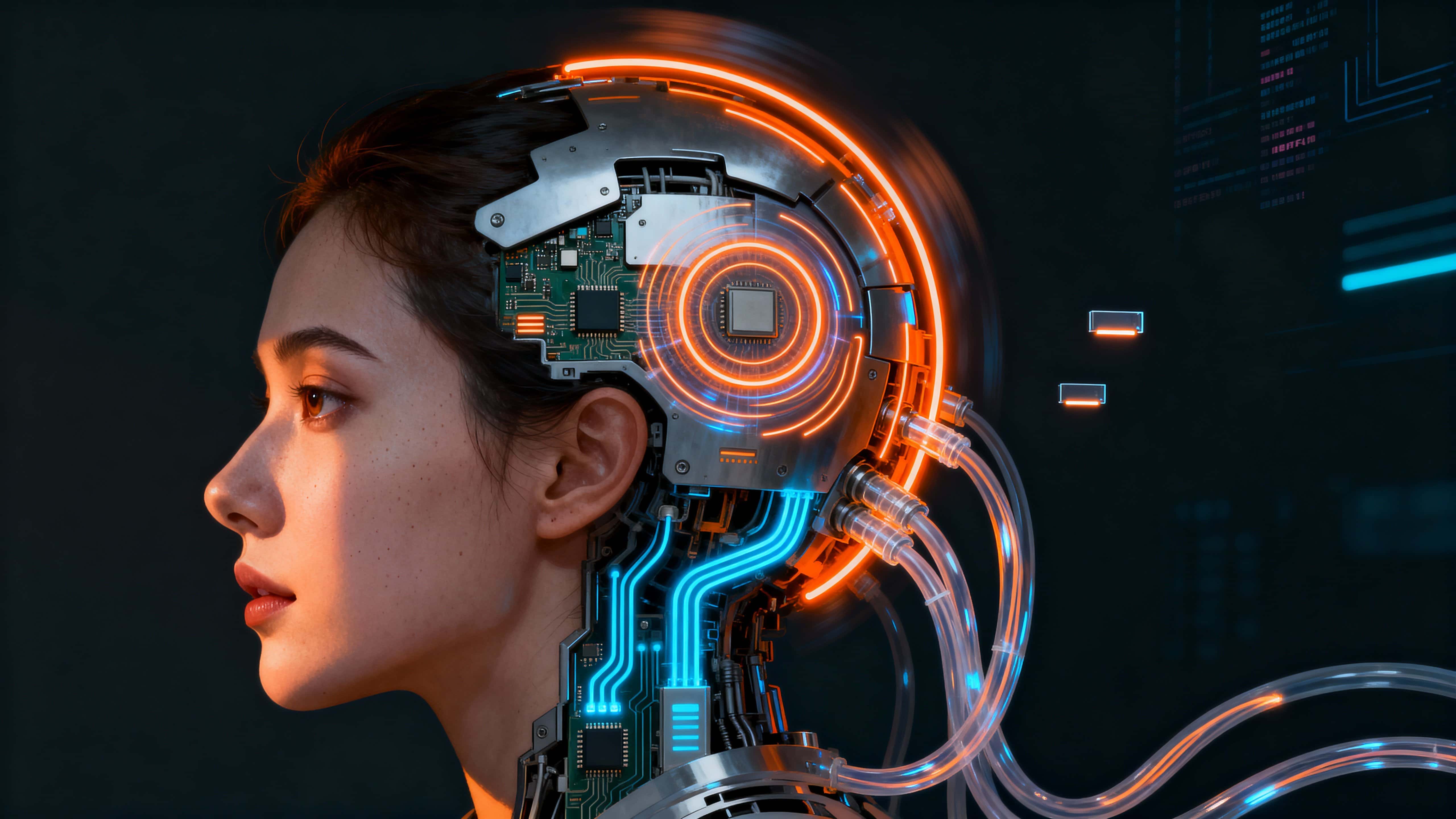 Digital side-profile portrait of a woman seamlessly merging into mechanical circuitry, glowing orange and electric-blue highlights, cinematic and high-tech mood.