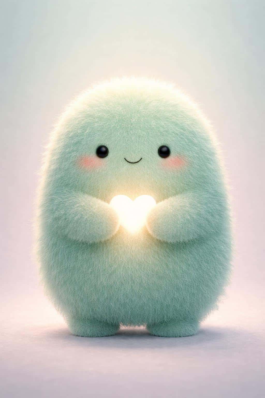 A soft 3D render of a round fuzzy creature holding a luminous heart against a minimalist gradient background, perfect for a whimsical character wallpaper.