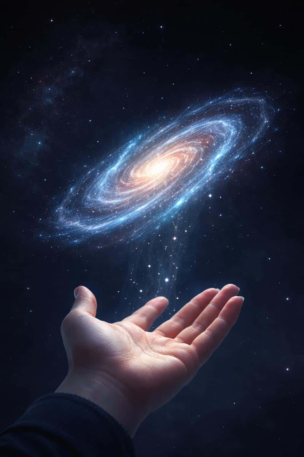 A single human hand cradles a glowing spiral galaxy in a vertical digital painting, preserved for a 2:3 wallpaper composition with cinematic blue tones and glow.