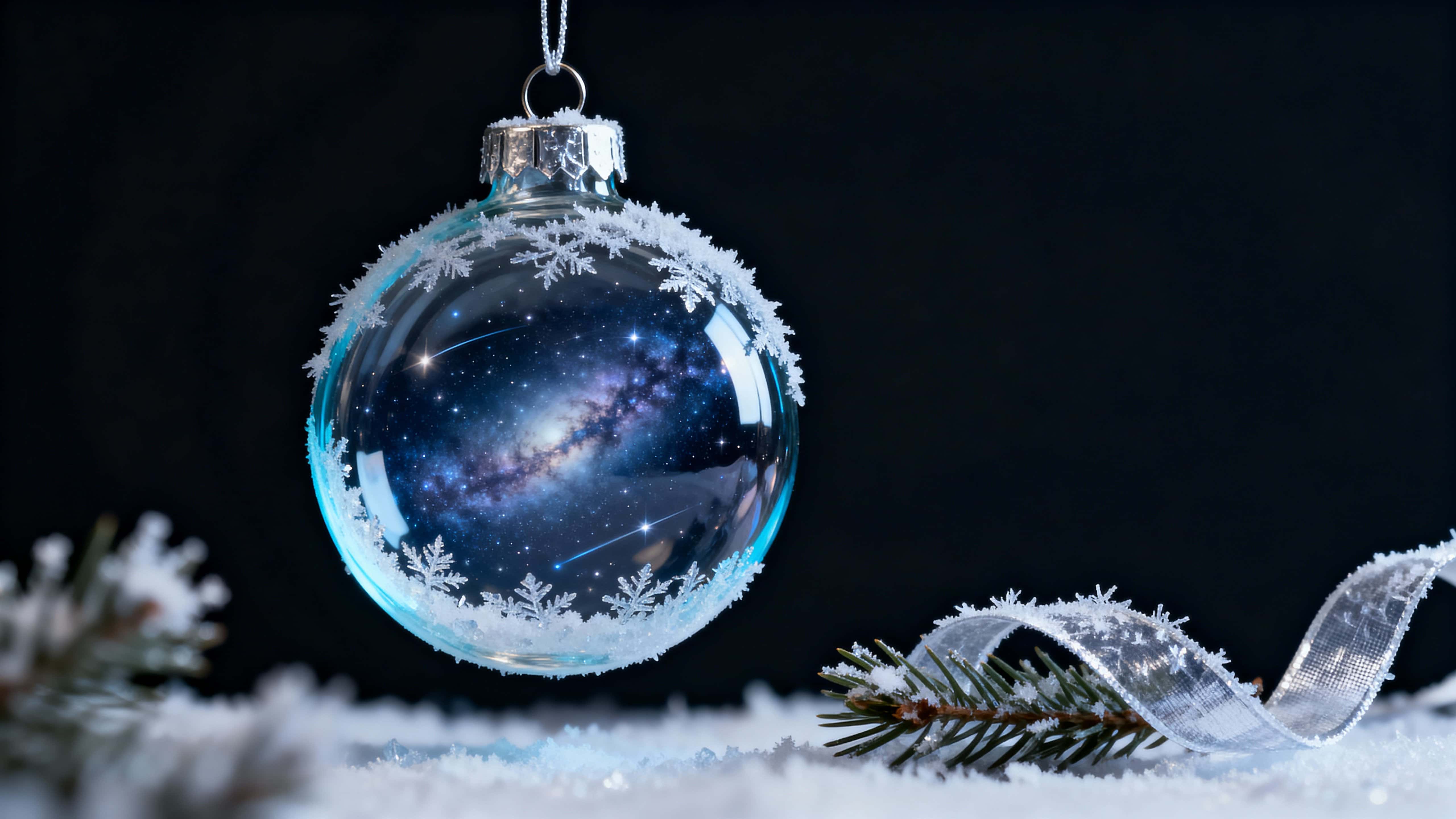 A frozen galaxy captured inside a glass Christmas ornament, lit with cool indigo and icy blue glows and framed in a cinematic 16:9 crop for a tranquil holiday tableau.