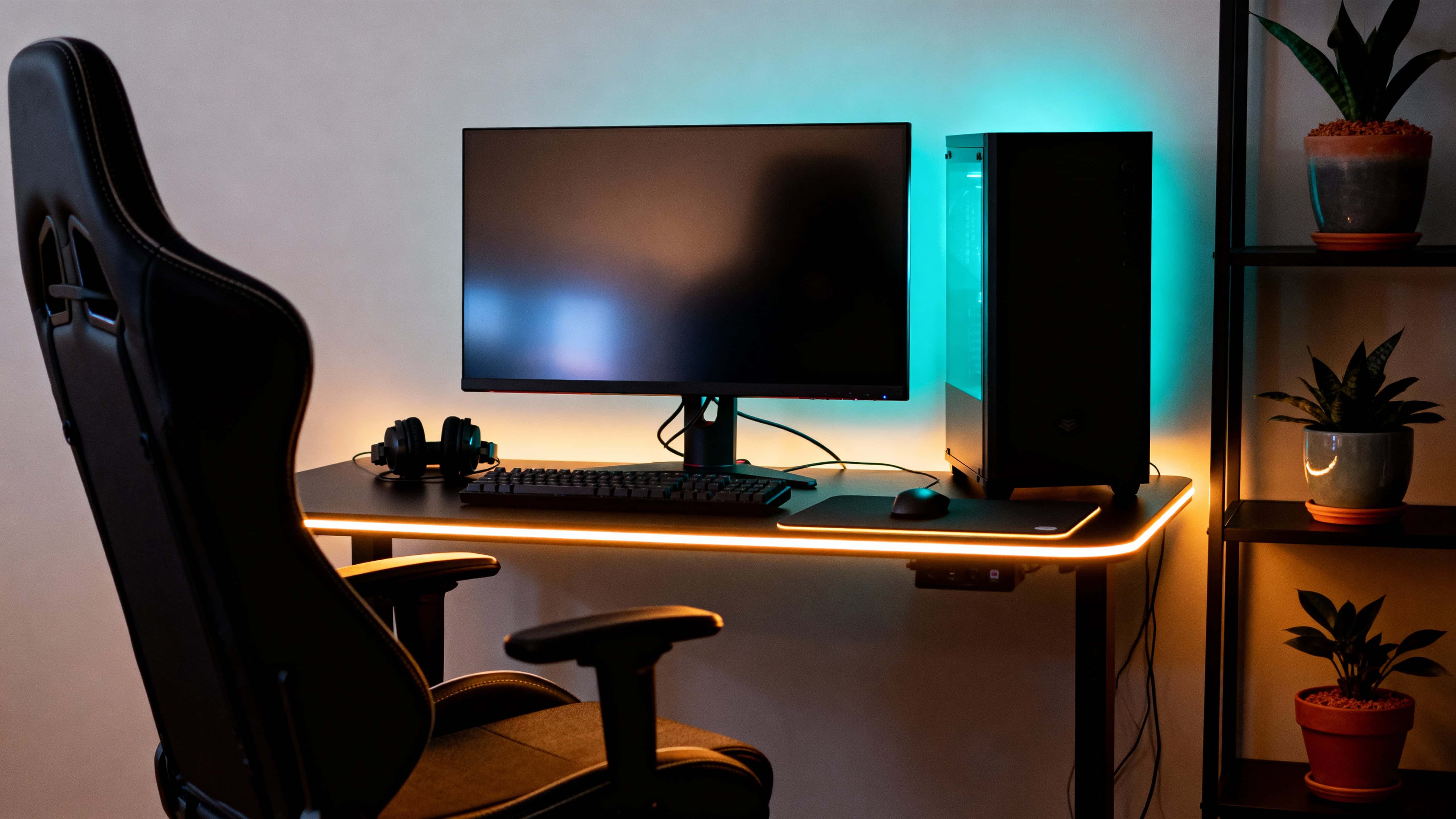 A cozy gaming desk scene lit by warm LED strips and soft ambient lamps, with a comfortable chair, plants on shelves, and a sleek illuminated rig creating an inviting atmosphere.