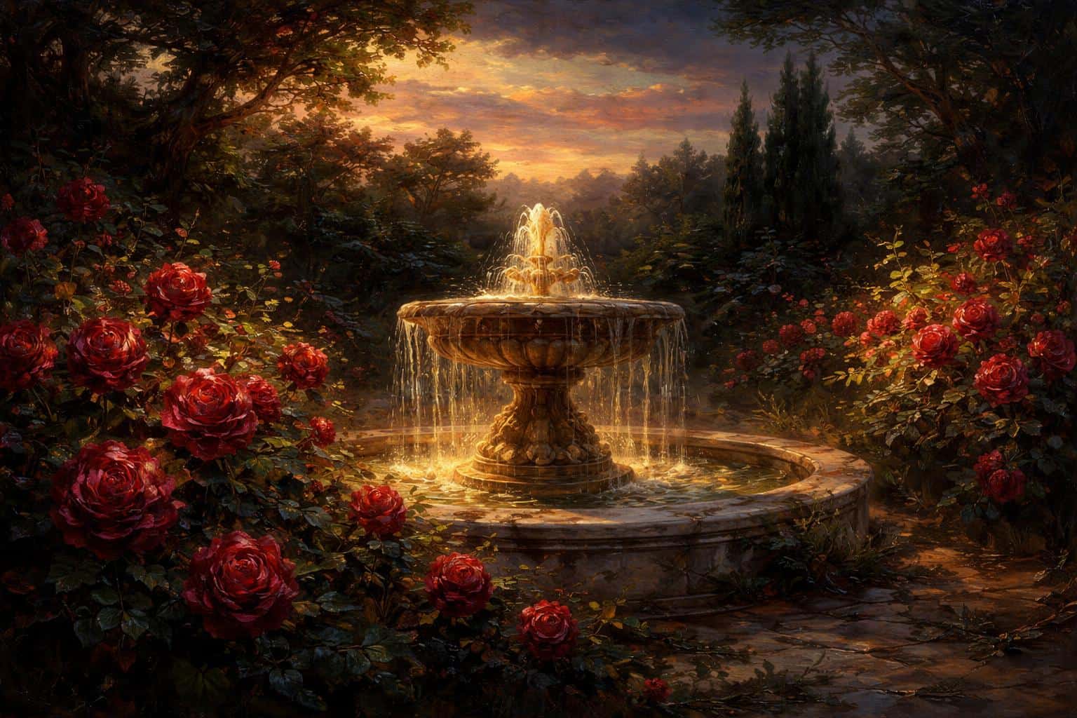 A wide 3:2 classical oil painting of a romantic twilight garden with impasto red roses and dark foliage around an overflowing marble fountain bathed in golden light.