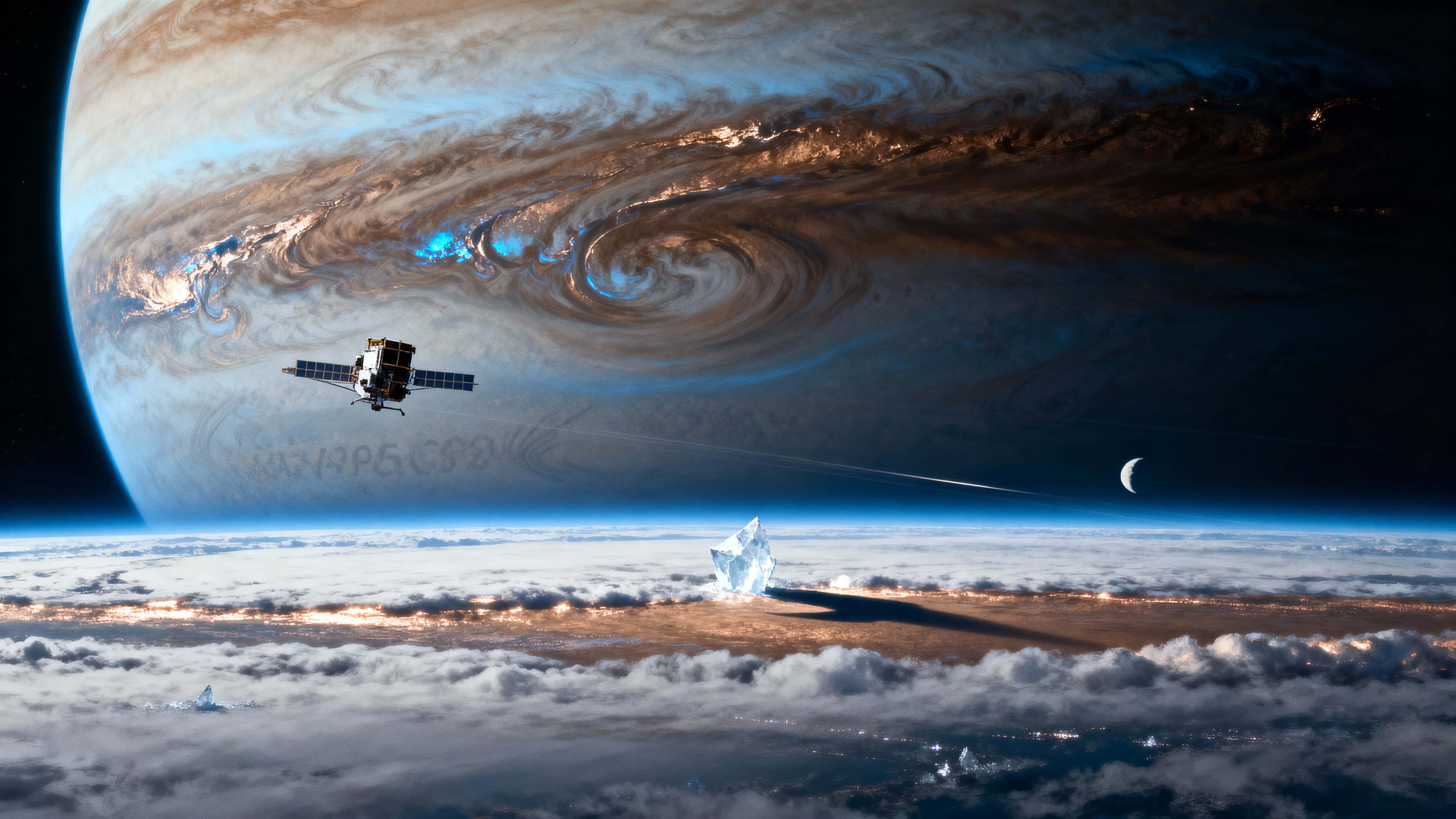 A close probe view of a gas giant with metallic, swirling storm bands reflecting late sunlight as a tiny ice moon crosses its shadow, composed in a cinematic 16:9 frame.
