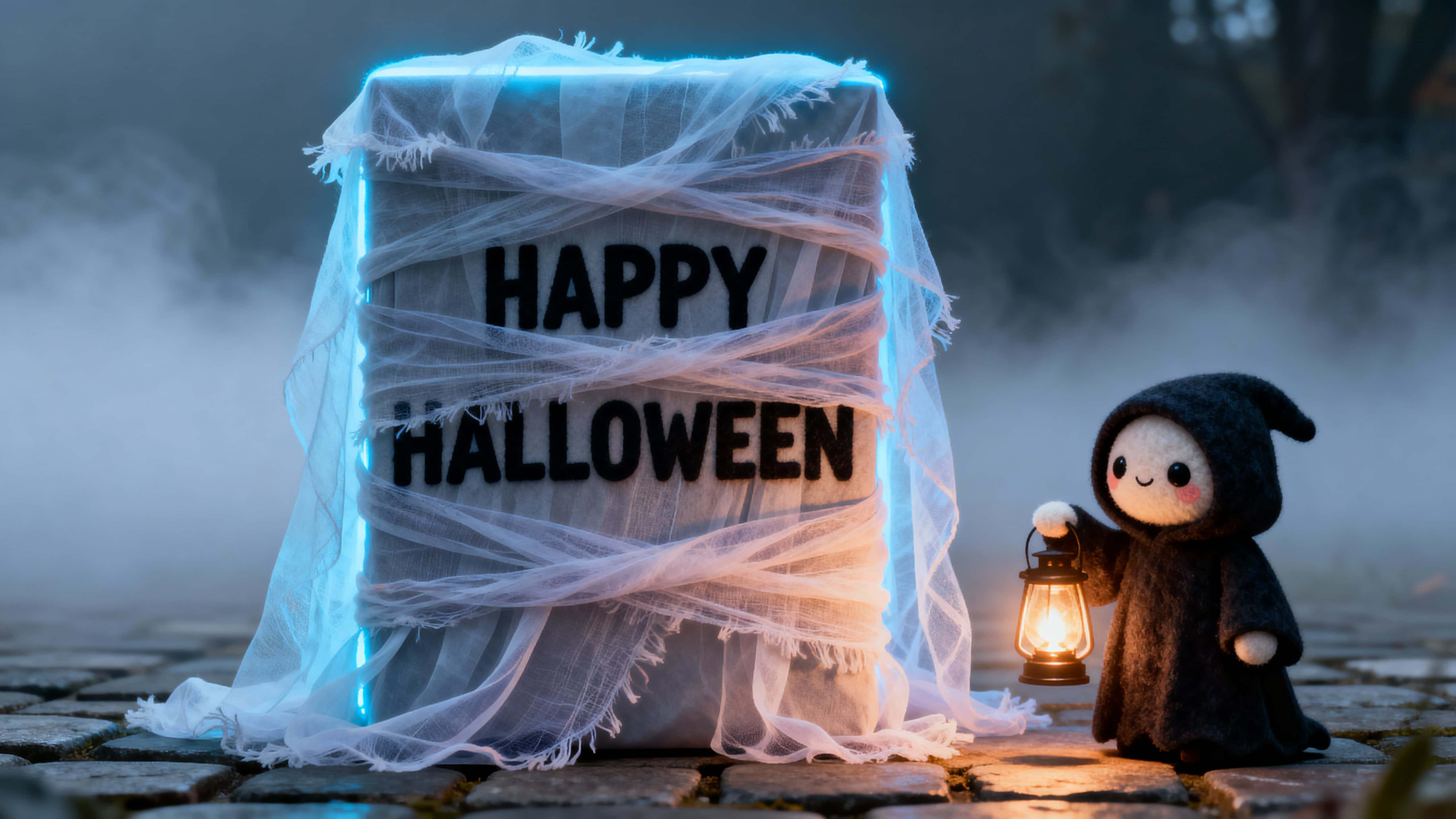 16:9 photo scene of “HAPPY HALLOWEEN” wrapped in translucent gauze with frayed edges, a fleece lantern-bearing reaper to the side, fog on stone pavers, warm glow #FFB84D, gauze #F6F5F0, rim #6FB3FF, stone #6B6E70, mist #C9C6D8.