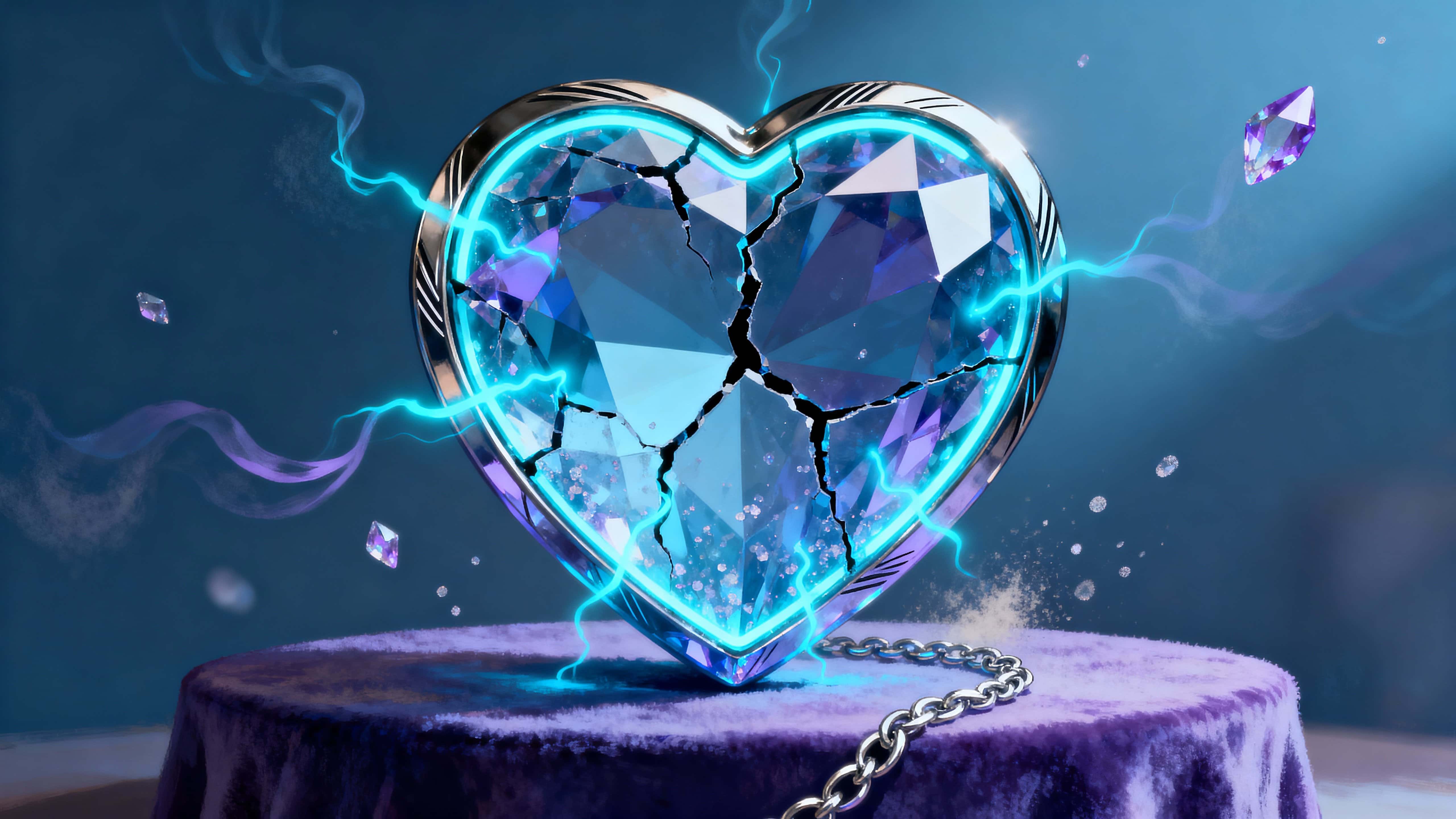 A monumental cracked gemstone heart sits centered in a cinematic 16:9 frame, radiating rhythmic electric blue pulses that catch on fractured facets and fill the scene with cool energy.