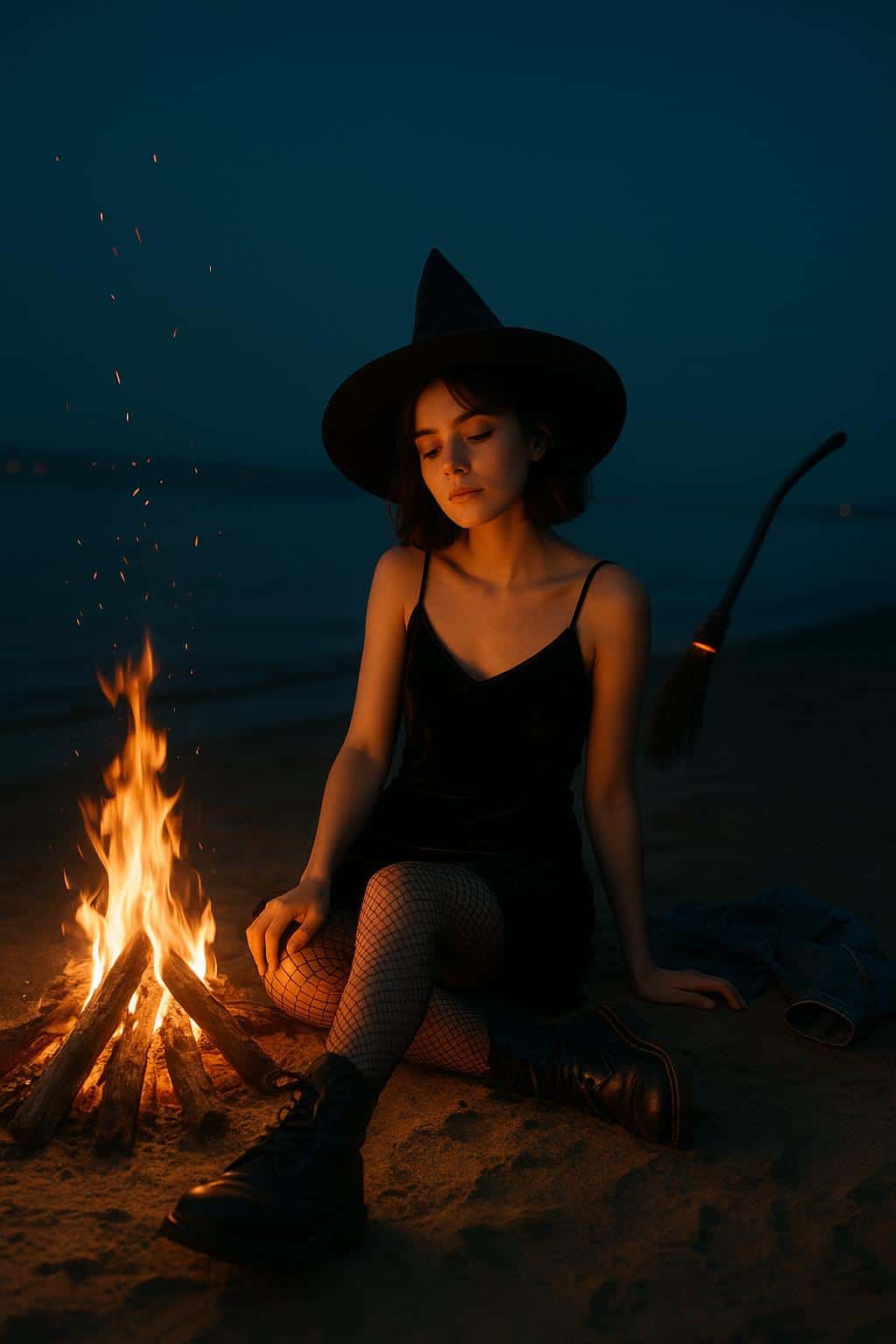 A Gen-Z witch lounges at a nighttime seaside bonfire with a hi-tech broom hovering near the tide, warm embers and cool sea air shaping a cinematic warm-cool portrait with open sky copy space.