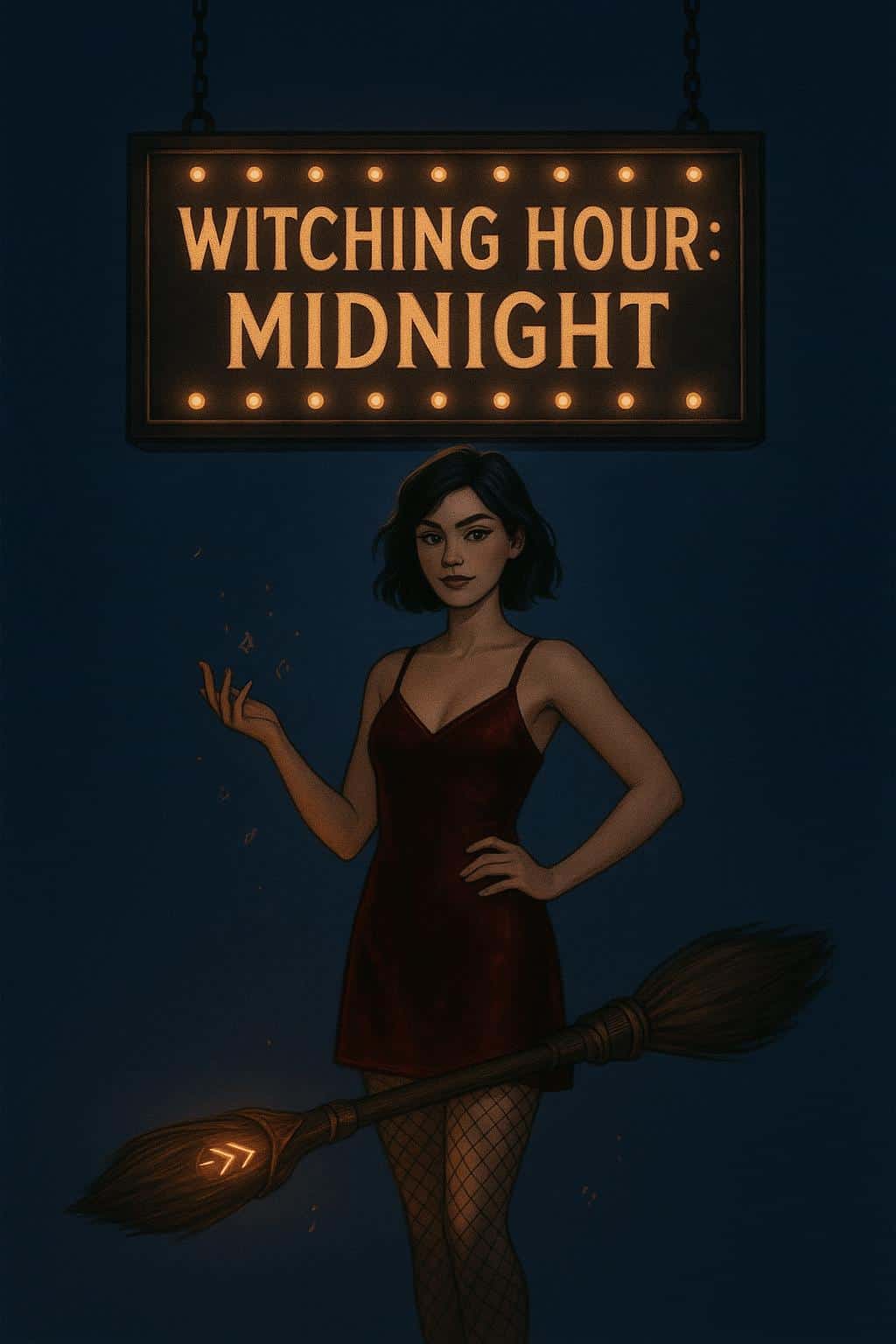 A confident Gen-Z witch poses beneath hanging marquee letters that read "WITCHING HOUR: MIDNIGHT," warm bulbs create a cozy wrap while cool night tones add contrast for a cinematic poster-ready image.