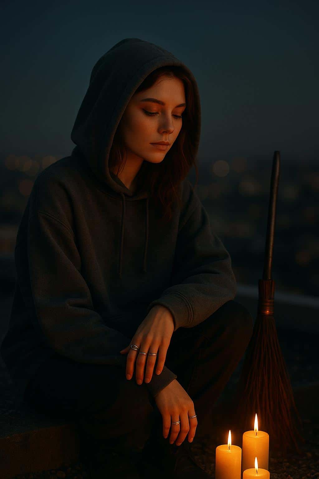 A Gen-Z witch sits in a calm, intimate pose on a rooftop edge, clustered candles at her feet casting warm amber flicker on skin while the city behind folds into deep bokeh and a clean wall remains for copy.