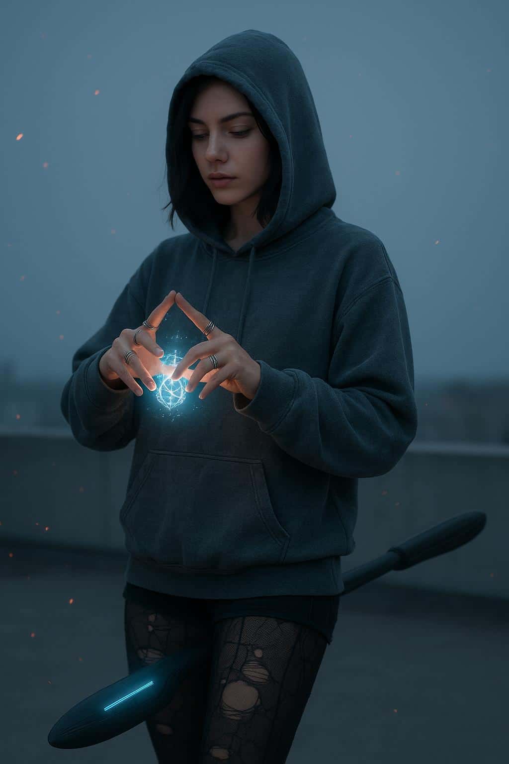 Creative ad-style photo of a Gen-Z witch casting a small protective ward on a minimal rooftop with hoodie, rings, ripped tights and a hovering broom, ember flecks present.