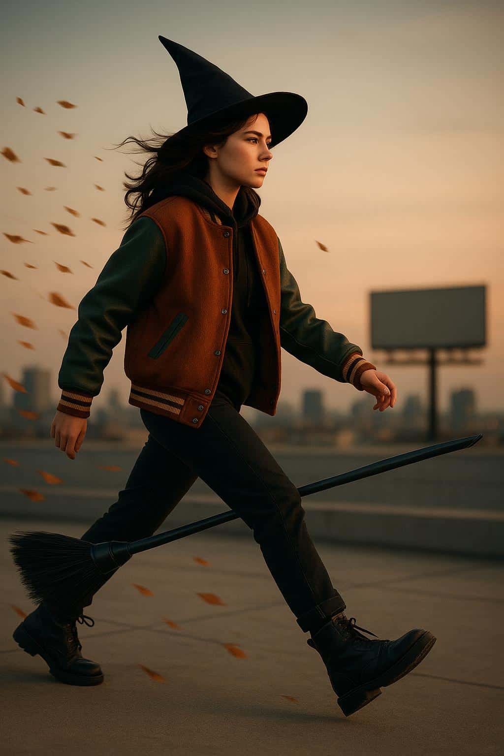 A dynamic Gen-Z witch strides across a rooftop at dusk with a leaf flurry and motion streaks, wearing a varsity jacket and boots beside a slim-fin hi-tech broom.