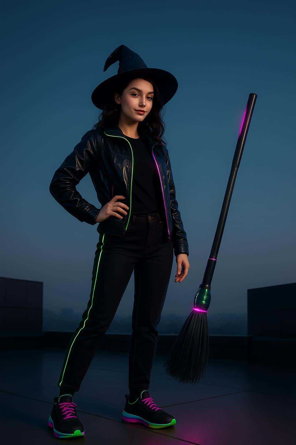 A Gen-Z witch poses on a sleek rooftop in neon-edged streetwear with magenta, cyan and acid-green accents, a hi-tech LED broom hovering beside her, playful attitude and spare negative space for a headline.