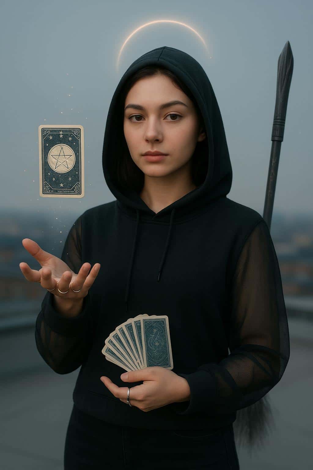 A poised Gen-Z witch on a clean rooftop levitates a single tarot card while the rest fan in her hand beside a hi-tech broom, polished editorial mood.