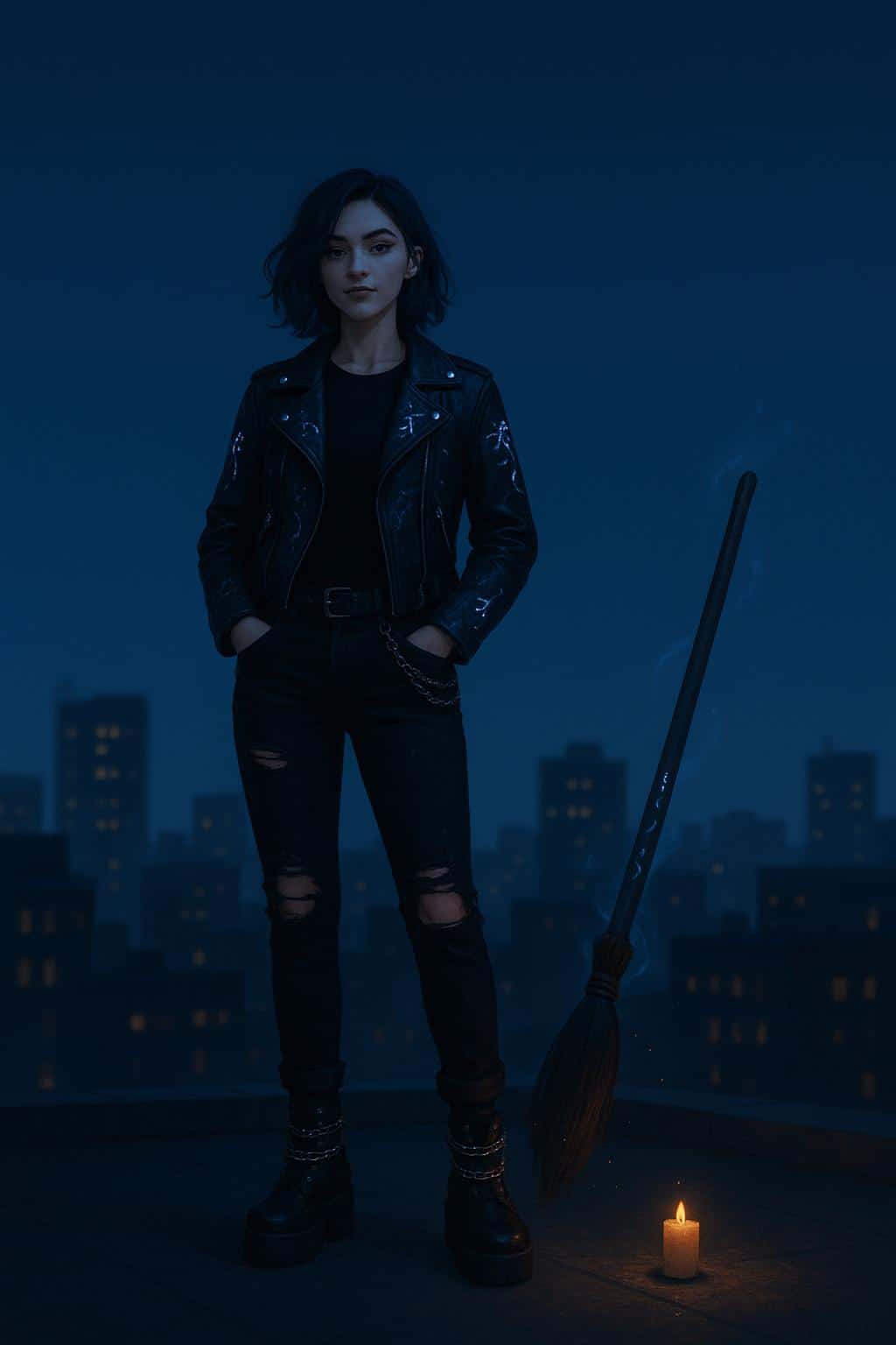 A stylized commercial photo of a Gen-Z witch on a city rooftop at night, relaxed pose with hands in pockets, glowing sigils on leather jacket, hovering hi-tech broom and neon skyline bokeh.